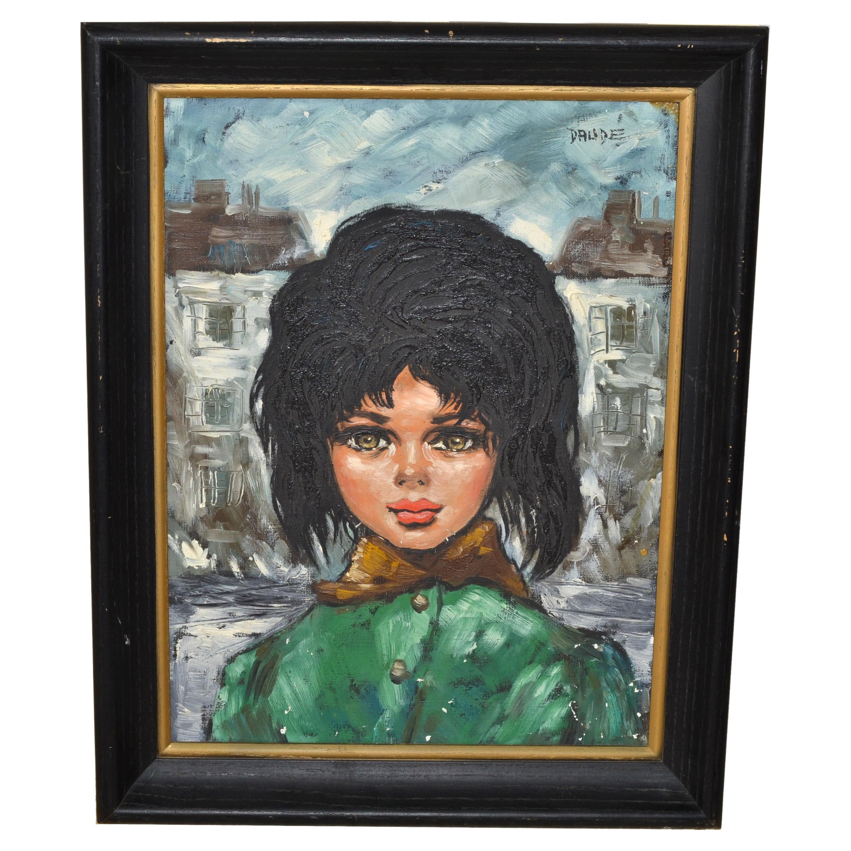1960 Andre Daude Big Eyed French Girl Painting Oil Canvas Black Frame Green Coat en vente