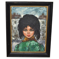 Vintage 1960 Andre Daude Big Eyed French Girl Painting Oil Canvas Black Frame Green Coat