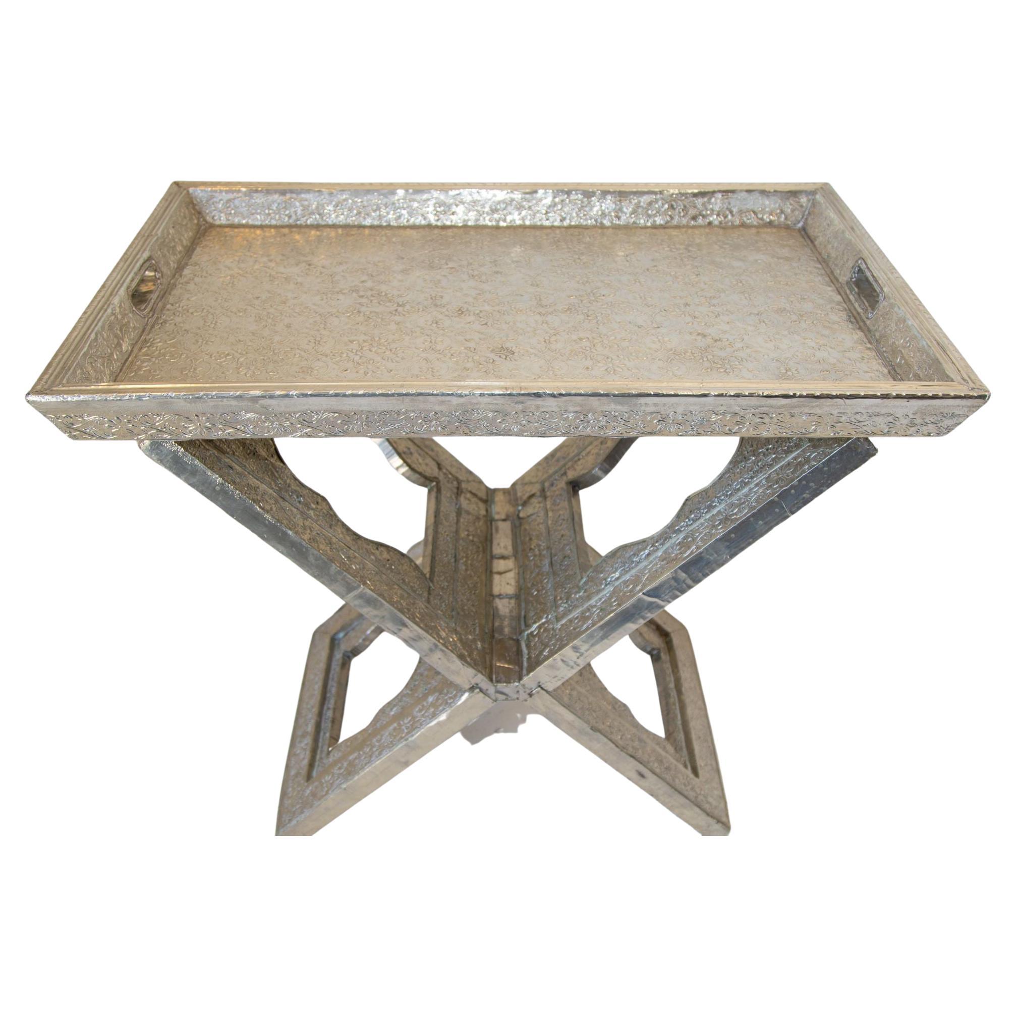 1960 Anglo-Indian Silver Wrapped Clad Folding Tray Table For Sale