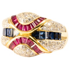 Vintage 1960 Ansuini Diamond Ruby Sapphire Yellow Gold Band