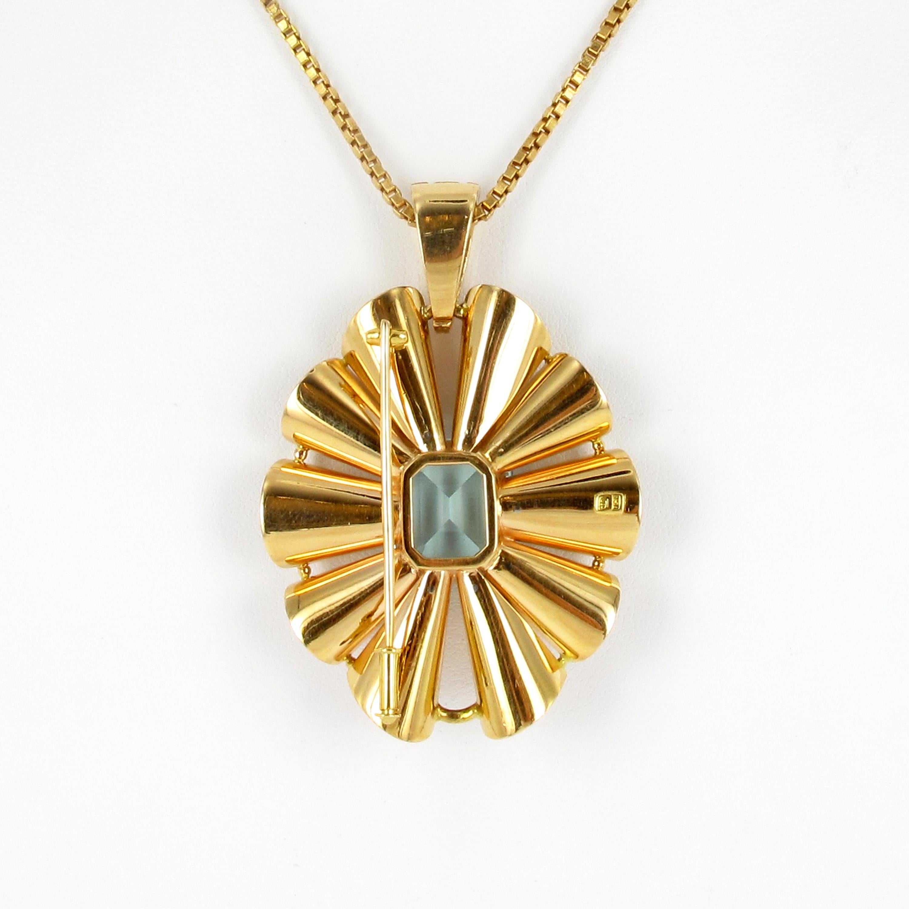 1960 Aquamarine and Diamond Pendant/Brooch in Red Gold 750 1