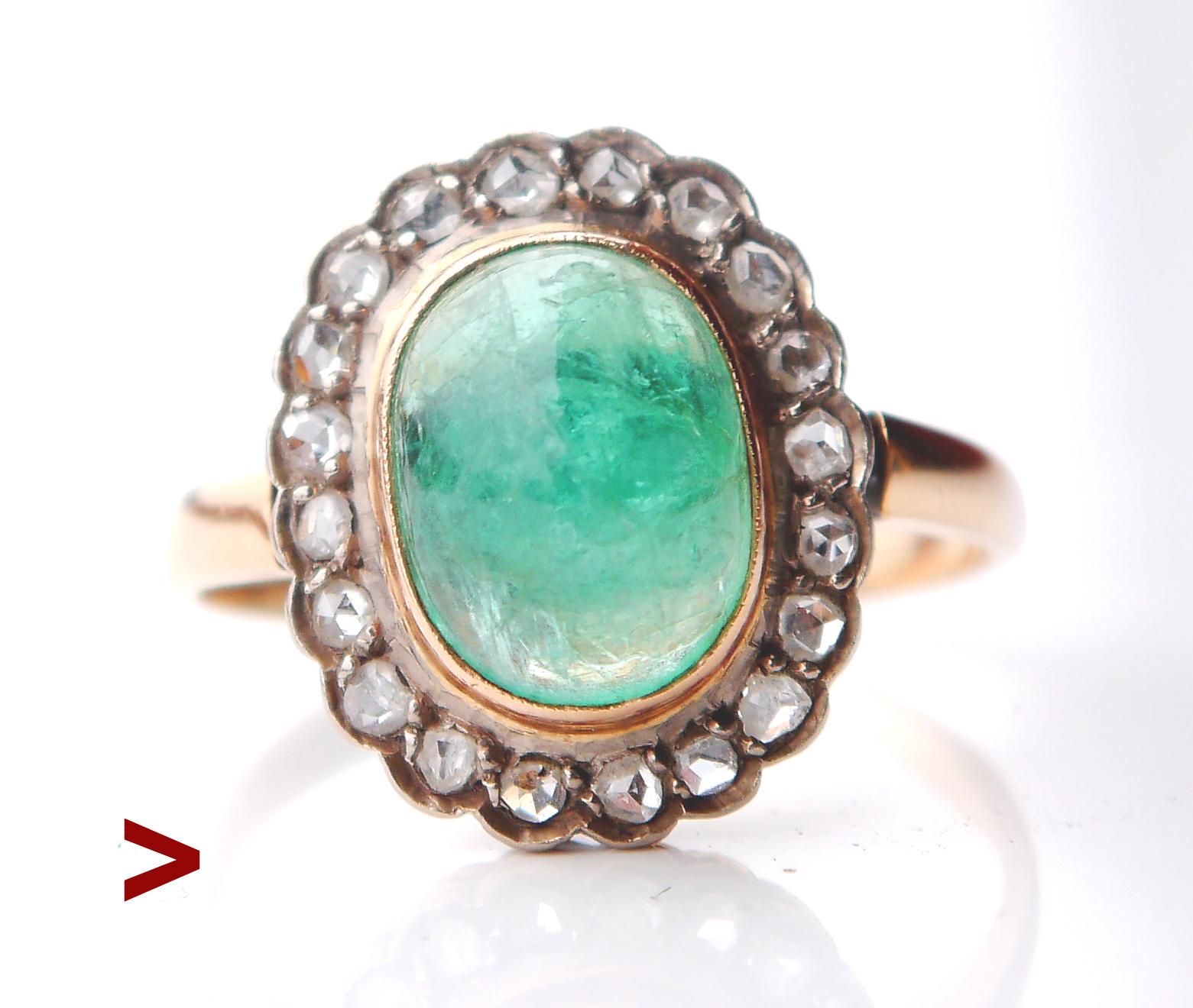 Beautiful 583 Gold, Silver, Emerald and Diamonds Halo Ring.
Metal is solid 14k/ 583 Yellow Gold with clusters in white Gold featuring bezel set natural untreated Emerald cabochon cut 12 mm x 10 mm x 7 mm deep / ca. 6 ct .Stone is semitransparent of