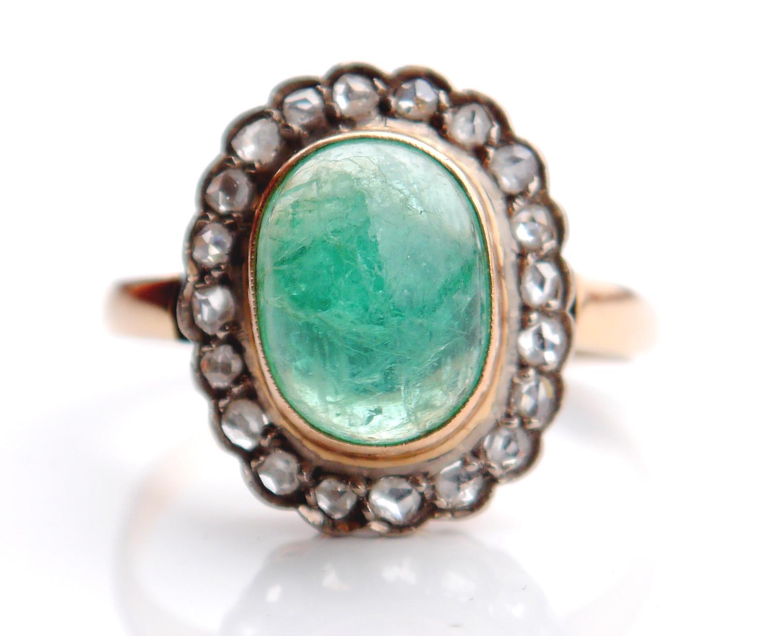 Art Deco 1960 Armenian Ring 14K Gold natural 6ct Emerald 0.85ct Diamonds ØUS10/ 5.5gr For Sale