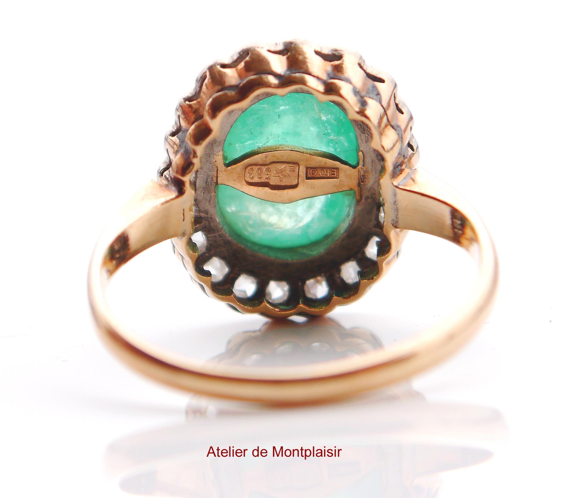 Old European Cut 1960 Armenian Ring 14K Gold natural 6ct Emerald 0.85ct Diamonds ØUS10/ 5.5gr For Sale