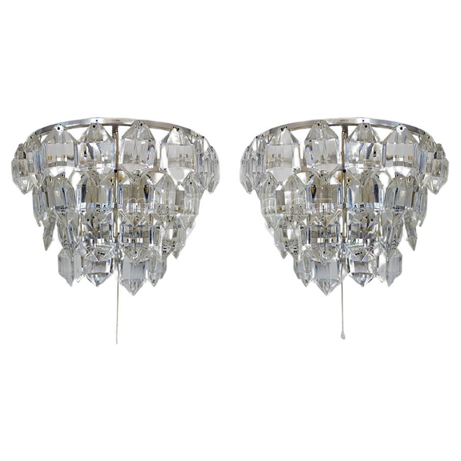 Pair of 1960 Austria Bakalowits Wall Sconces Facetted Crystals and Silver Plated For Sale