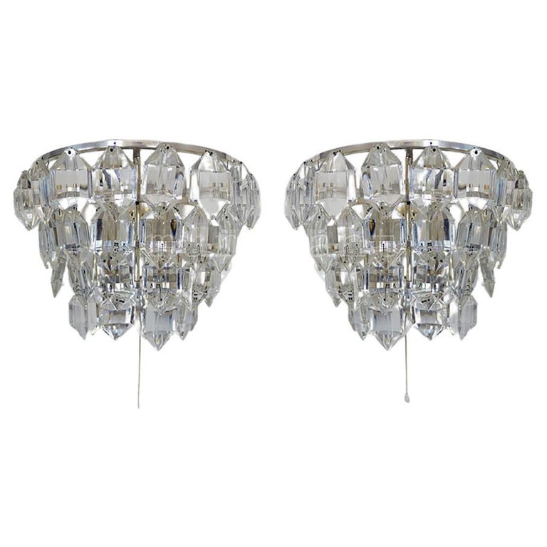 Pair of 1960 Austria Bakalowits Wall Sconces Facetted Crystals and