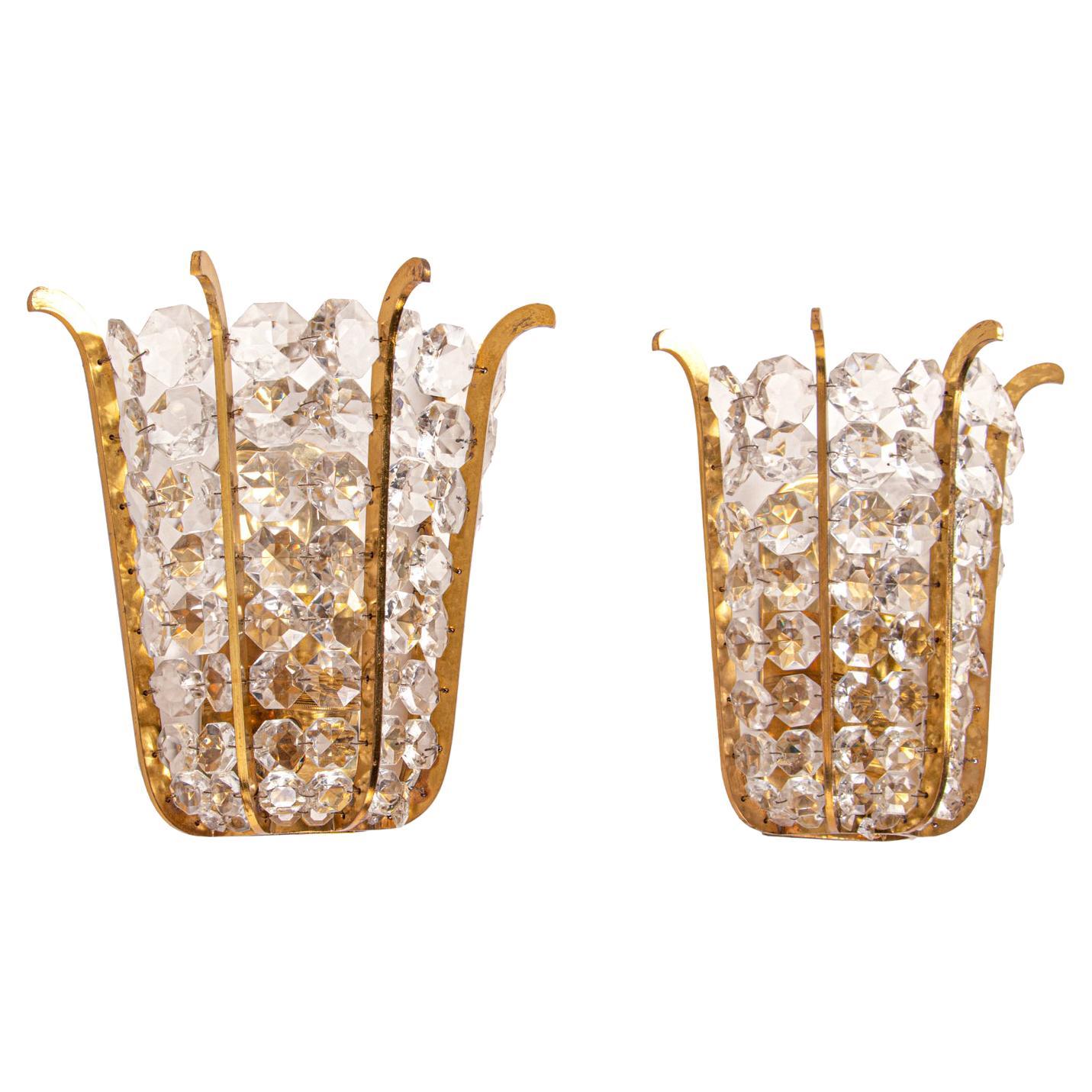 1960 Austria Bakalowits Pair of Wall Sconces Faceted Crystals & Brass For Sale