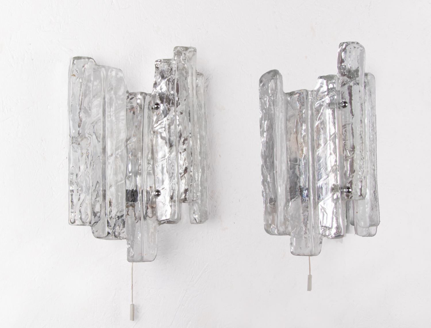 Austrian 1 (of 2) Pair of  Kalmar Wall Sconces Frosted Glass and Chrome, Austria 1960s For Sale