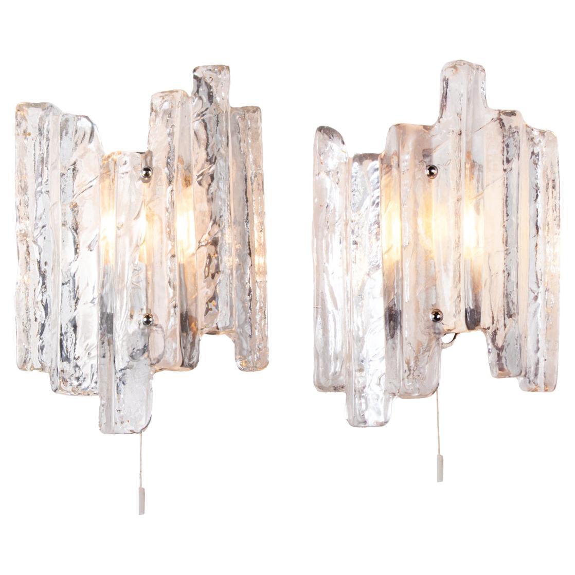 1 (of 2) Pair of  Kalmar Wall Sconces Frosted Glass and Chrome, Austria 1960s For Sale
