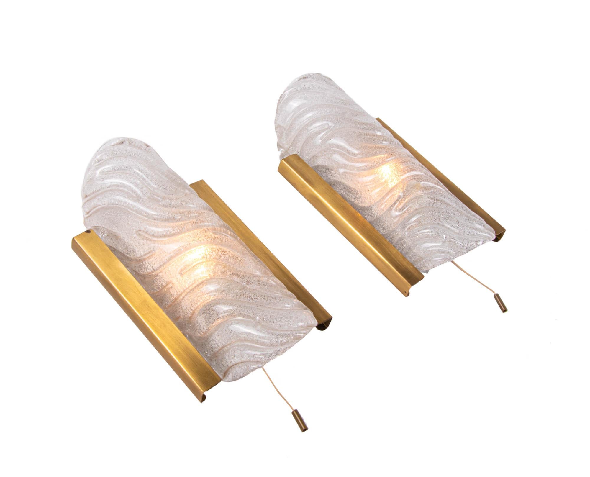 Mid-20th Century 1 (of 2) Pair of 1960 Austria Kalmar Wall Sconces Murano Glass and Brass For Sale