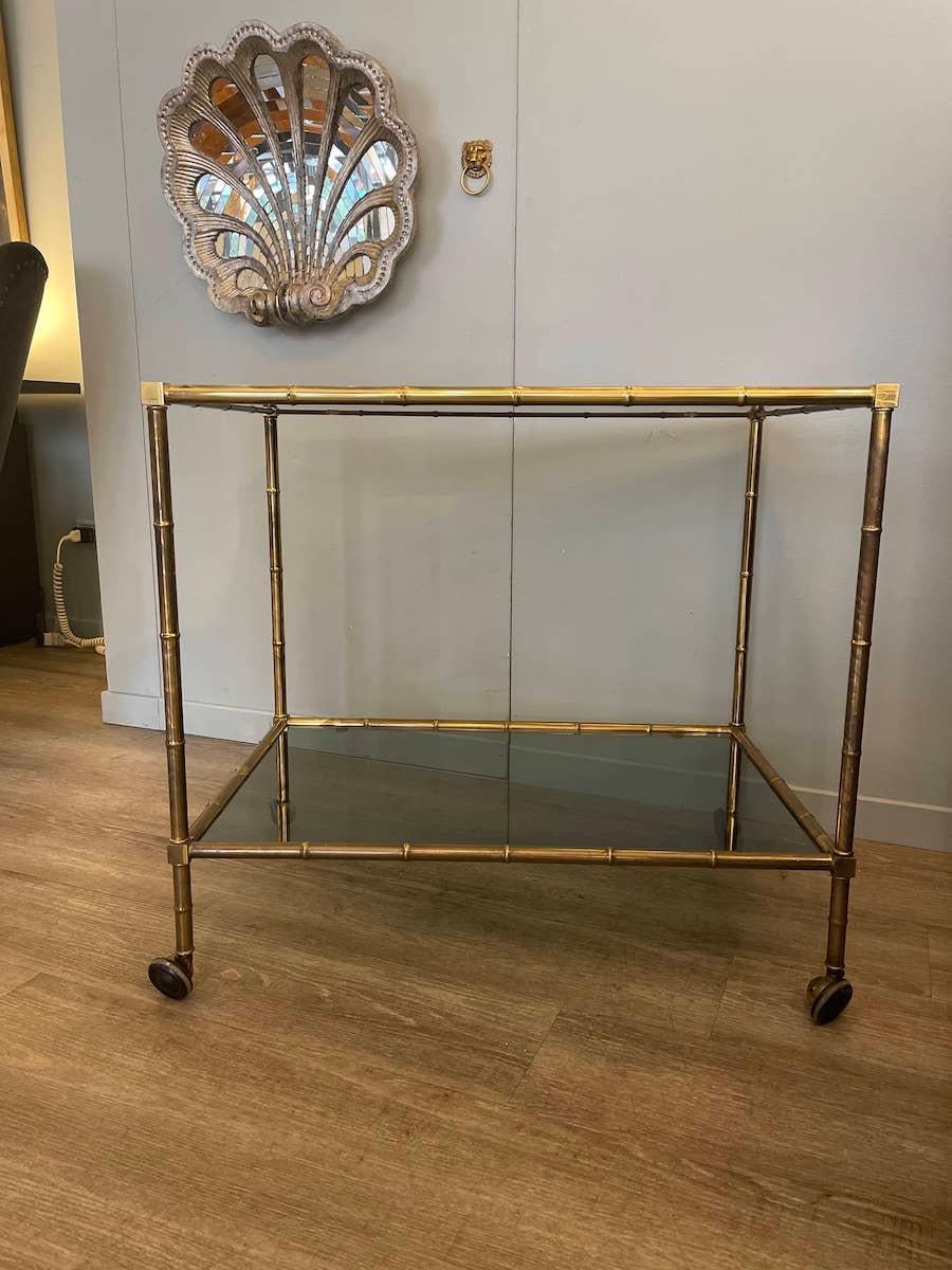 Art Deco 1960 Baguès-Style Brass Trolley and Smoked Glass For Sale