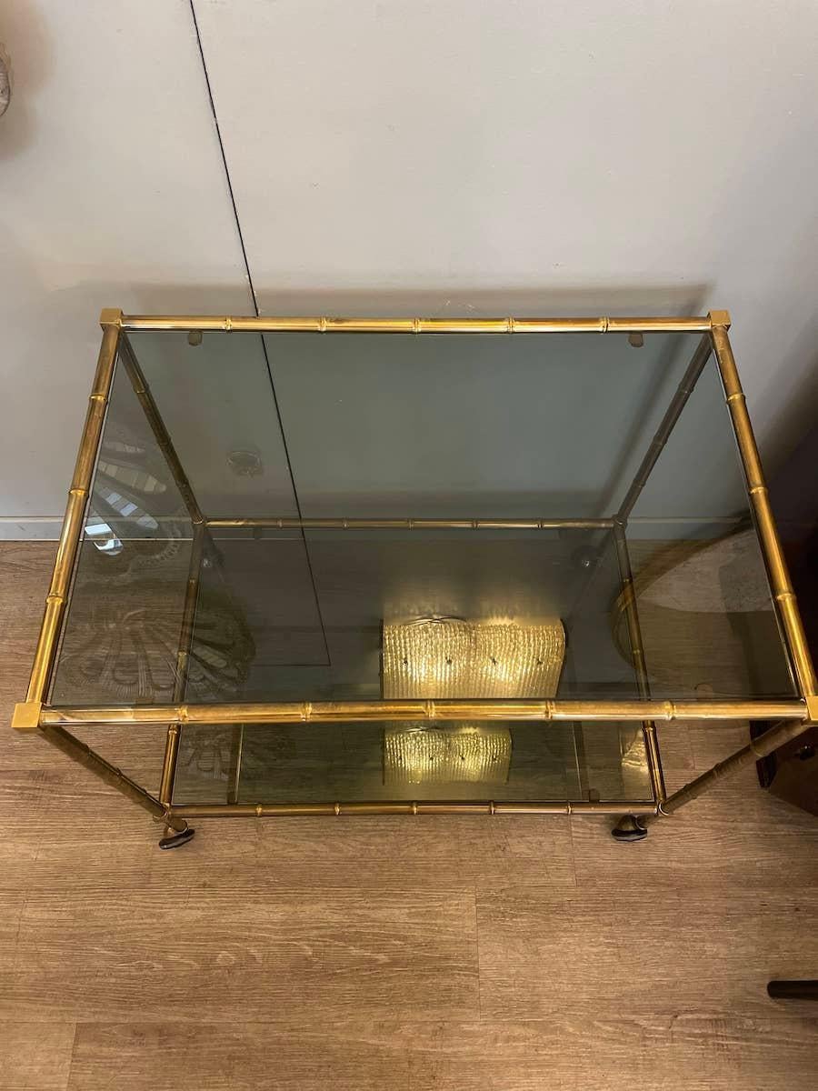 Italian 1960 Baguès-Style Brass Trolley and Smoked Glass For Sale