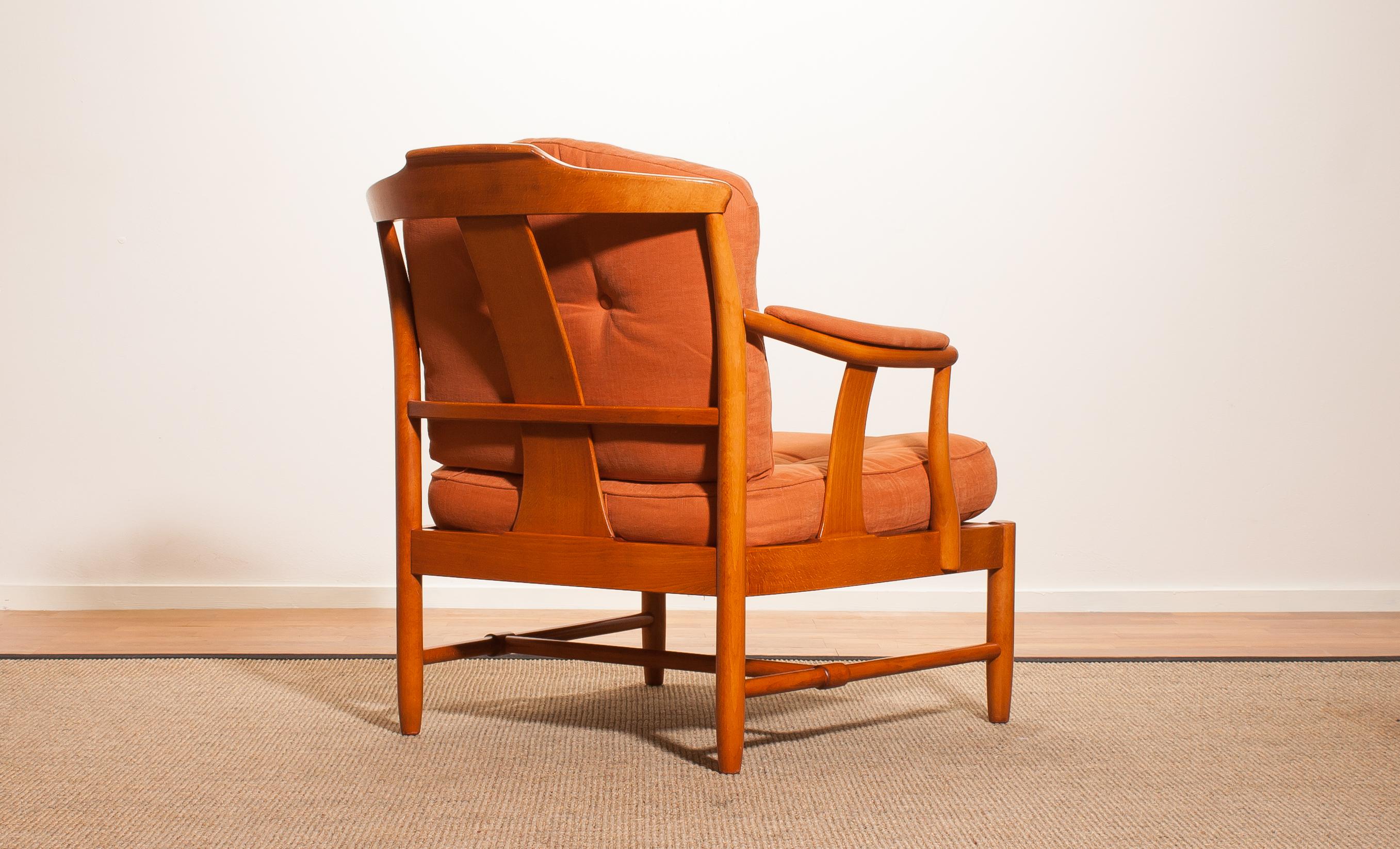 1960, Beech with Orange Fabric Easy or Lounge or Armchair, Sweden In Good Condition In Silvolde, Gelderland