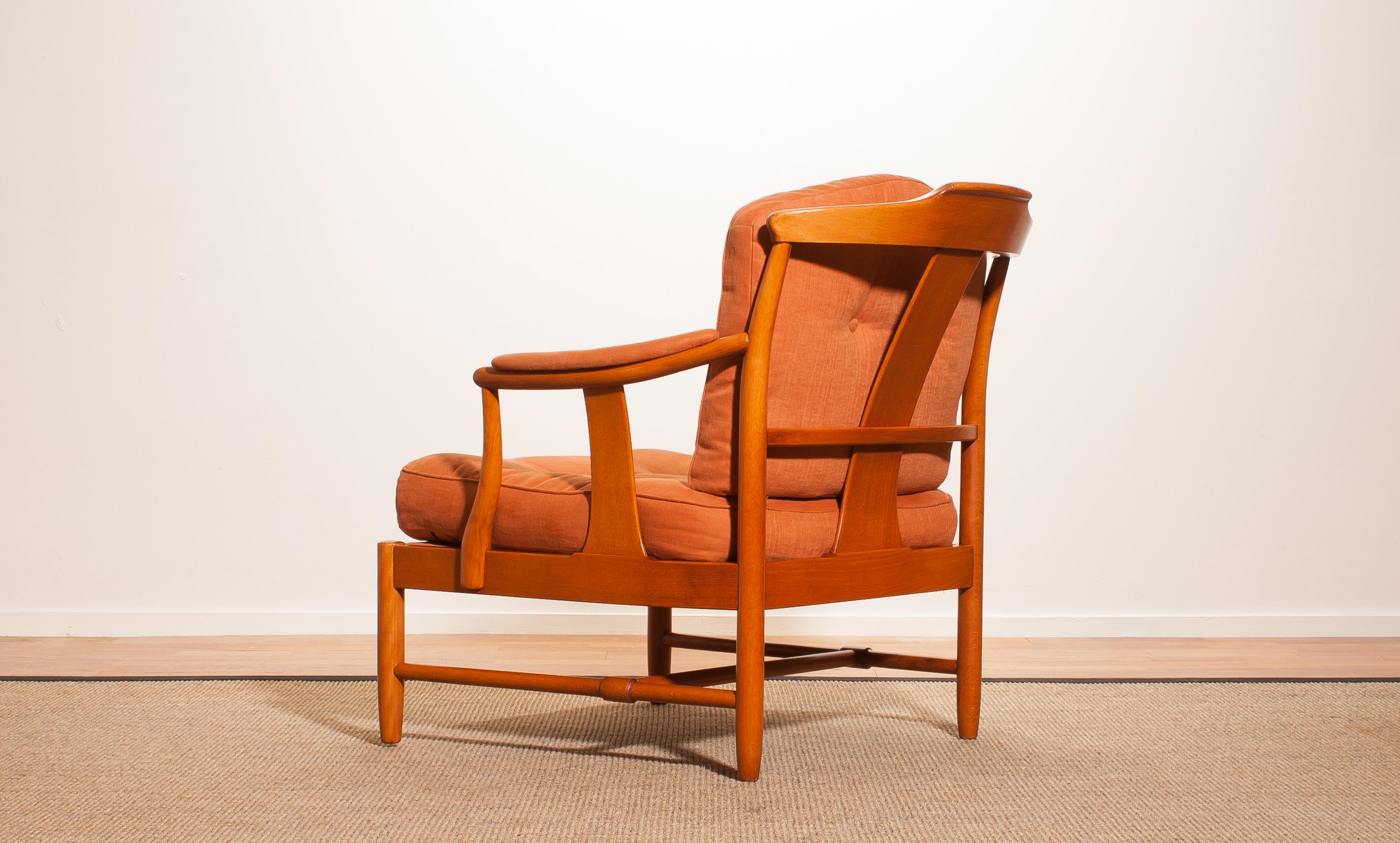 Mid-20th Century 1960, Beech with Orange Fabric Easy or Lounge or Armchair, Sweden