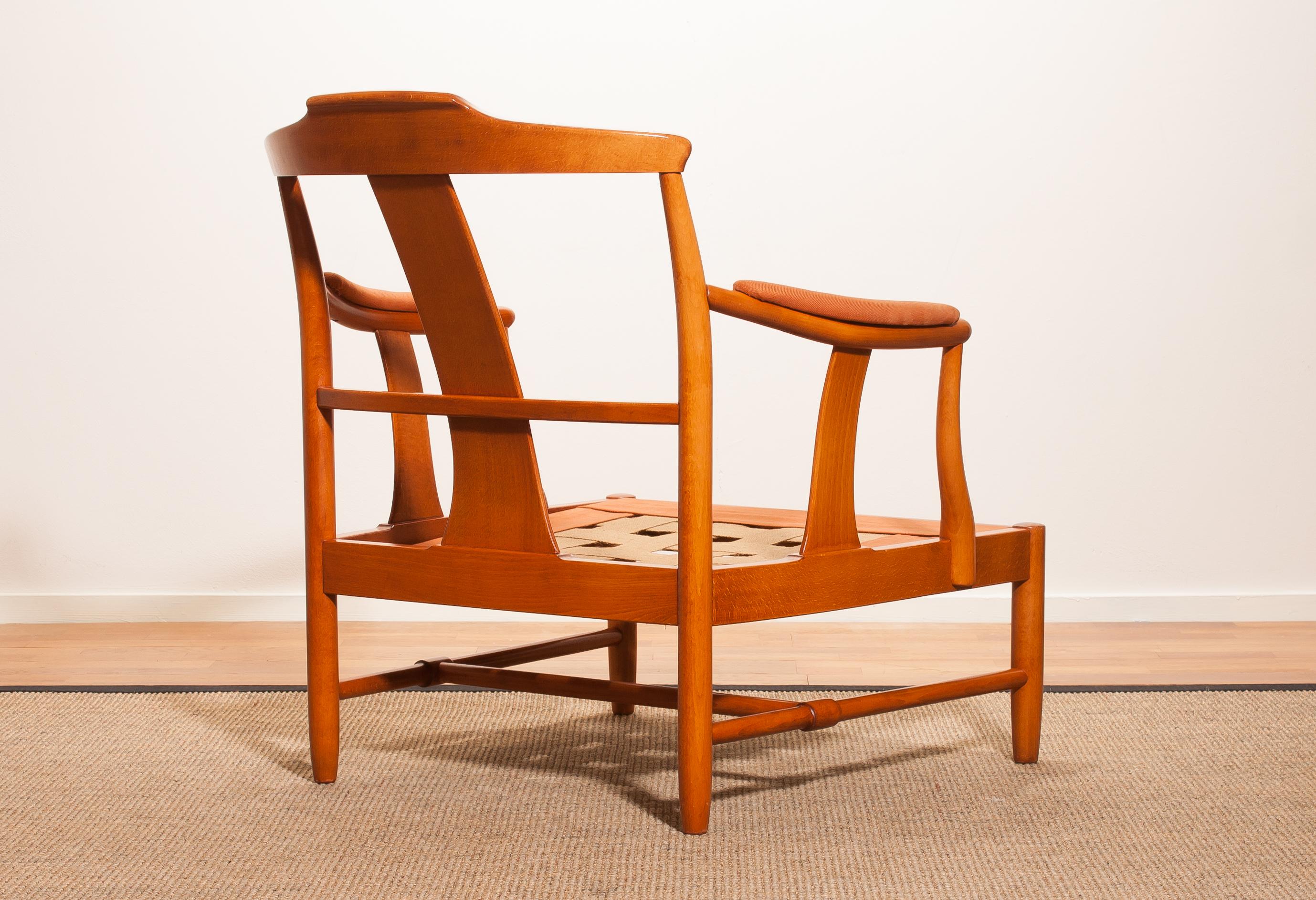 1960, Beech with Orange Fabric Easy or Lounge or Armchair, Sweden 4
