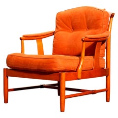 1960, Beech with Orange Fabric Easy or Lounge or Armchair, Sweden