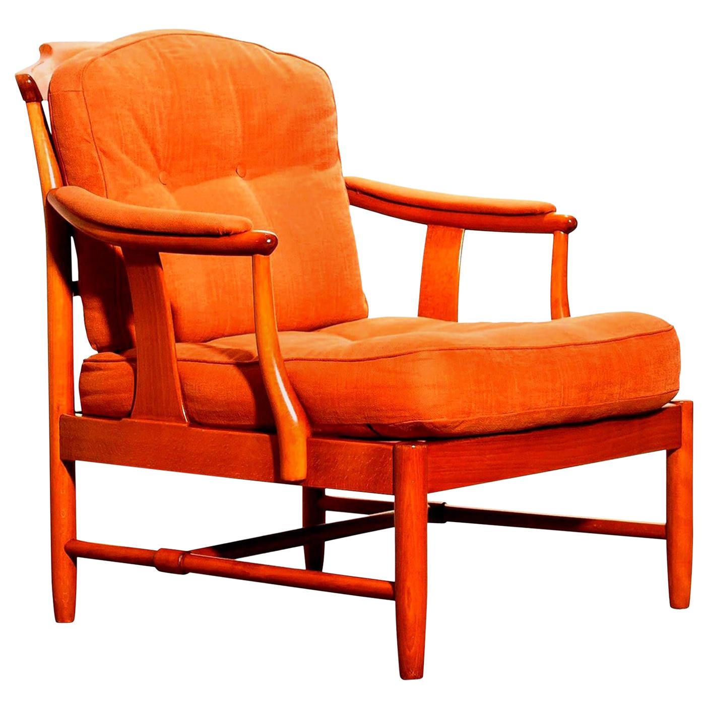1960, Beech with Orange Fabric Easy or Lounge or Armchair, Sweden