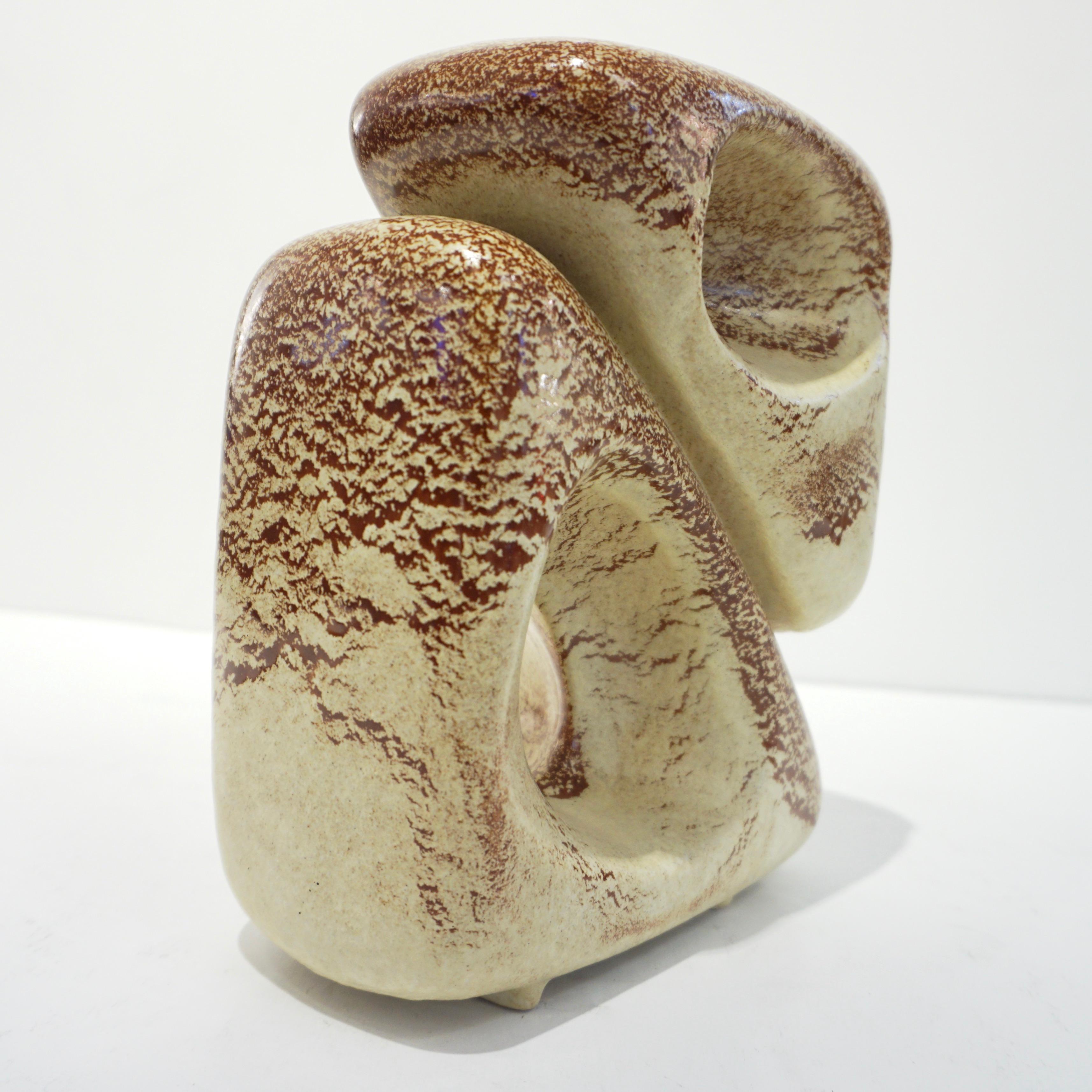 Enameled 1960 Bertoncello Italian Vintage Double Art Sculpture Ceramic Beige Cubist Vase
