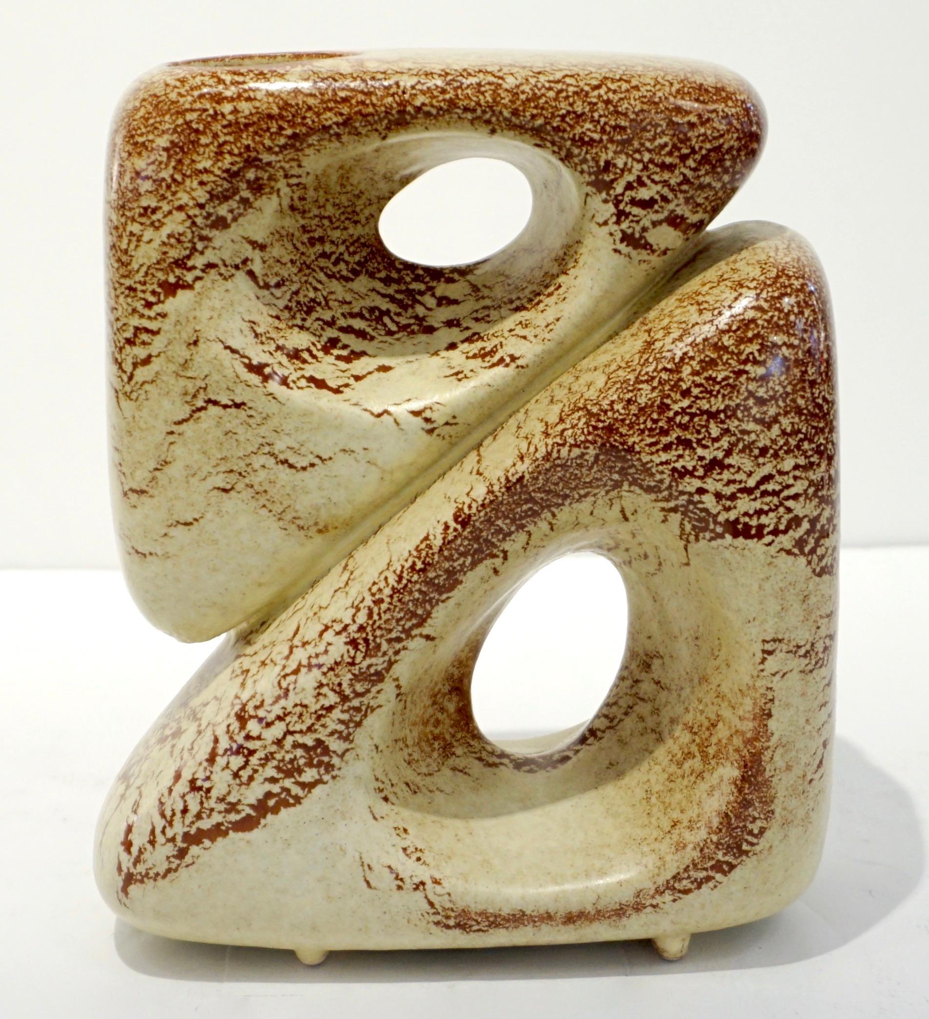 Mid-20th Century 1960 Bertoncello Italian Vintage Double Art Sculpture Ceramic Beige Cubist Vase