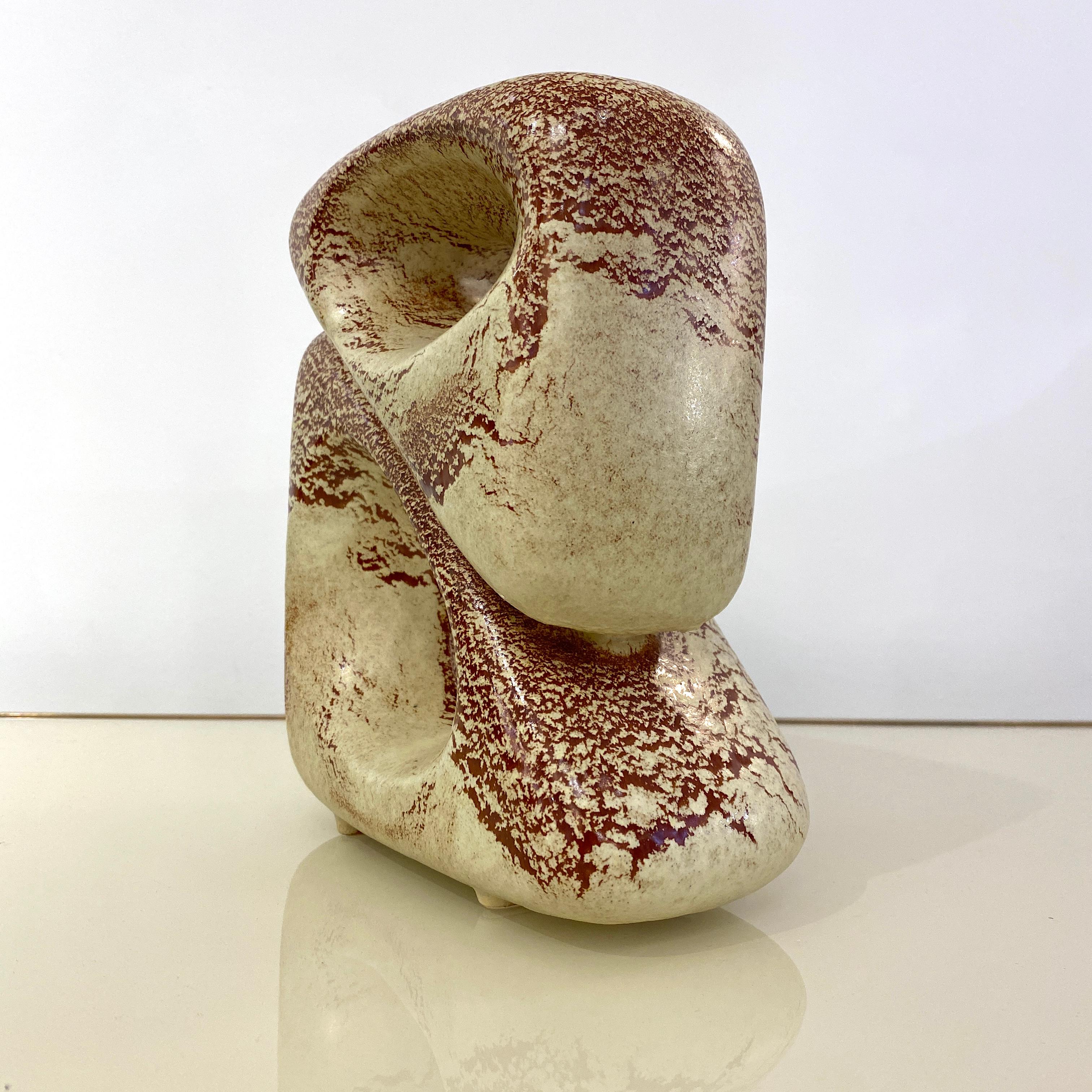 1960 Bertoncello Italian Vintage Double Art Sculpture Ceramic Beige Cubist Vase 1