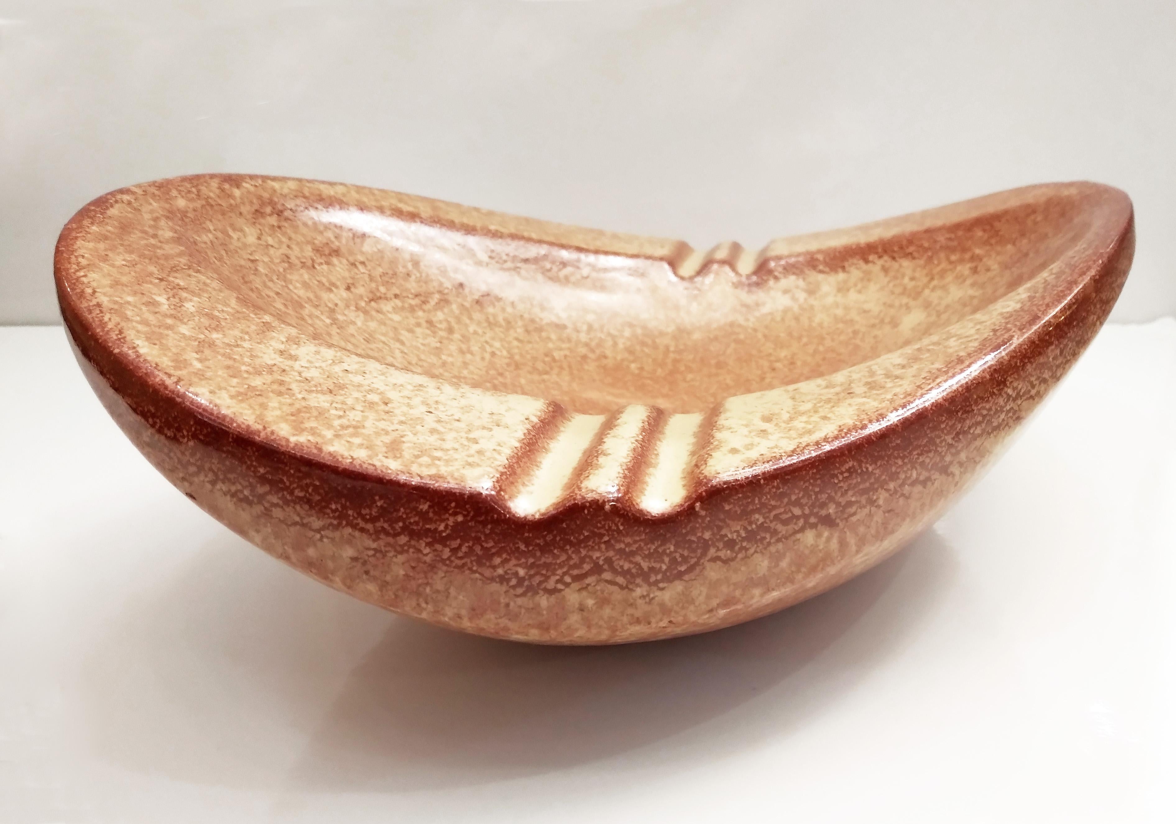 Organic Modern 1960 Bertoncello Italian Vintage Brown Red Beige Ceramic Ashtray Bowl/Catch-All For Sale