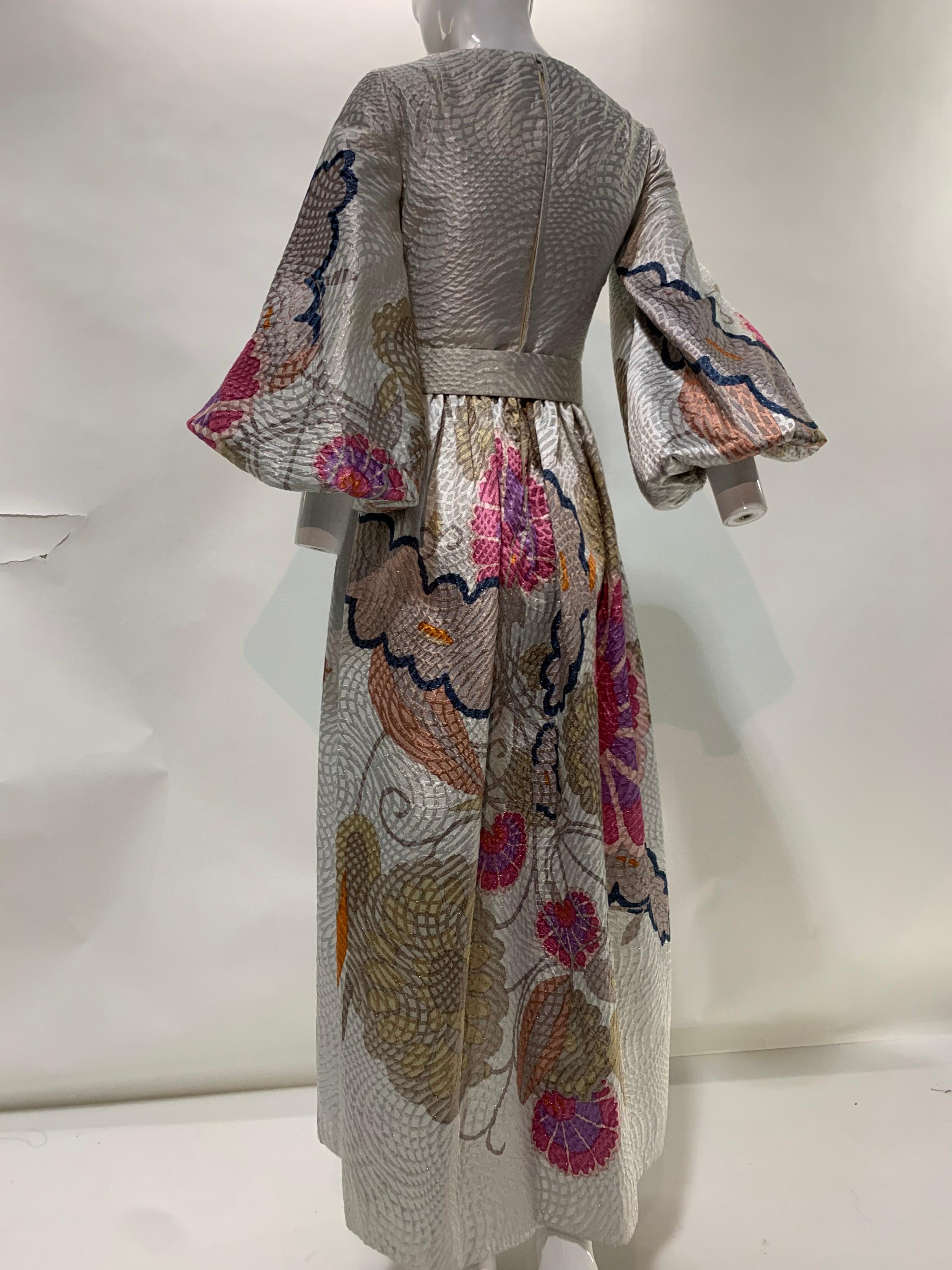 1960 Bill Blass Documented Floral Print Silver Brocade Gown W/Rhinestone Belt For Sale 6