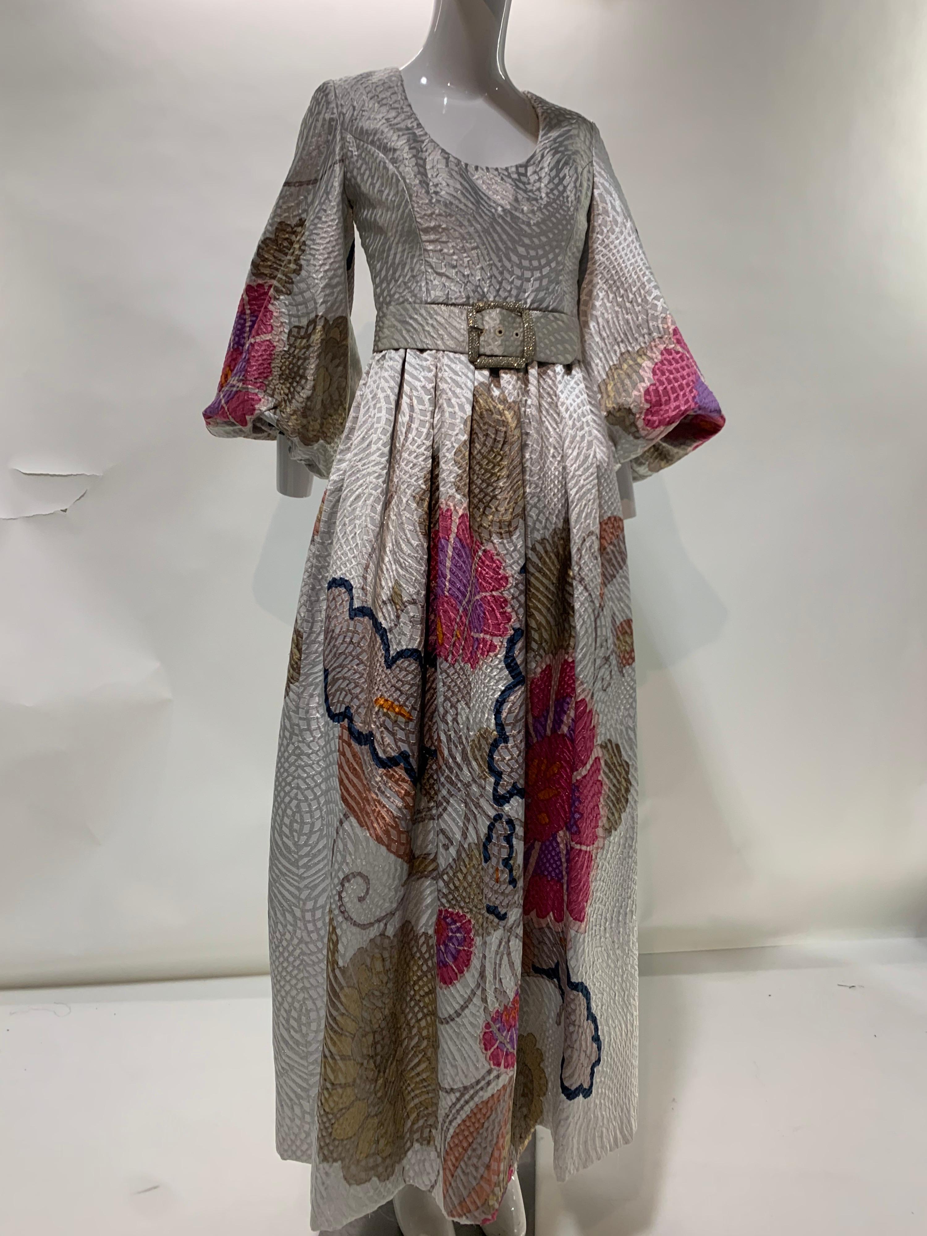 1960 Bill Blass Documented Floral Print Silver Brocade Gown W/Rhinestone Belt For Sale 10