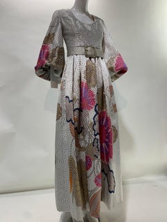 1960 Bill Blass Documented Floral Print Silver Brocade Gown W/Rhinestone Belt