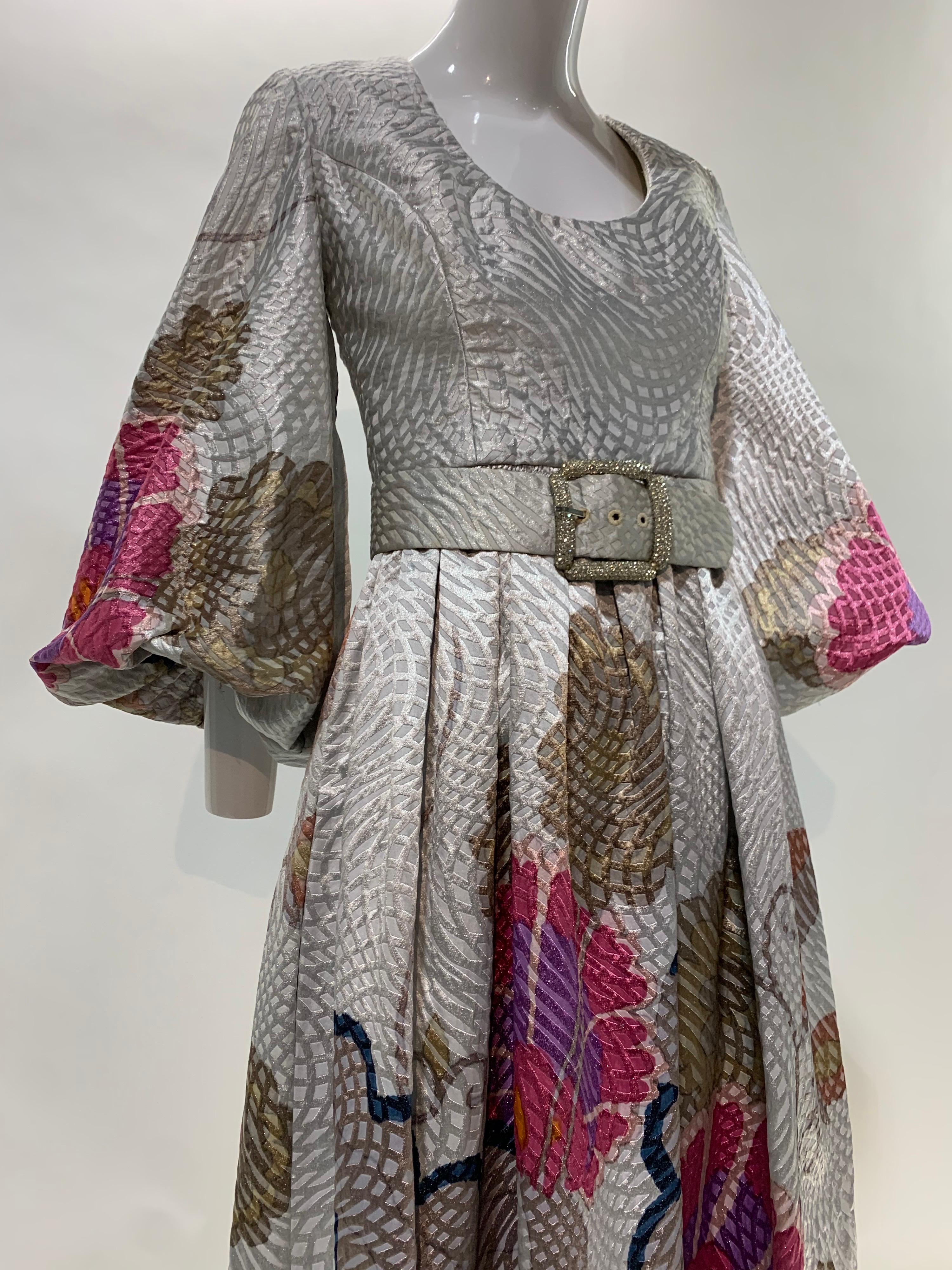 1960 Bill Blass Documented Floral Print Silver Brocade Gown W/Rhinestone Belt In Excellent Condition For Sale In Gresham, OR