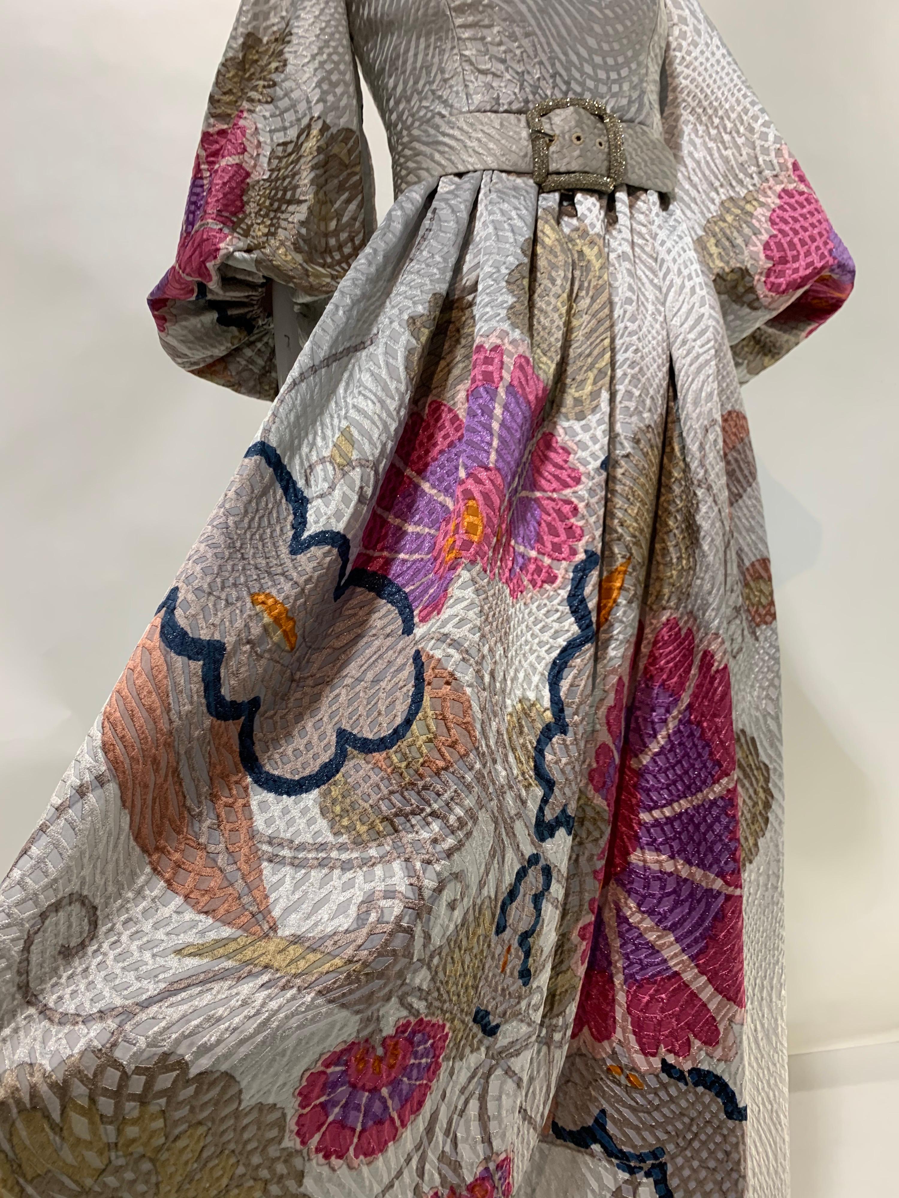 Women's 1960 Bill Blass Documented Floral Print Silver Brocade Gown W/Rhinestone Belt For Sale