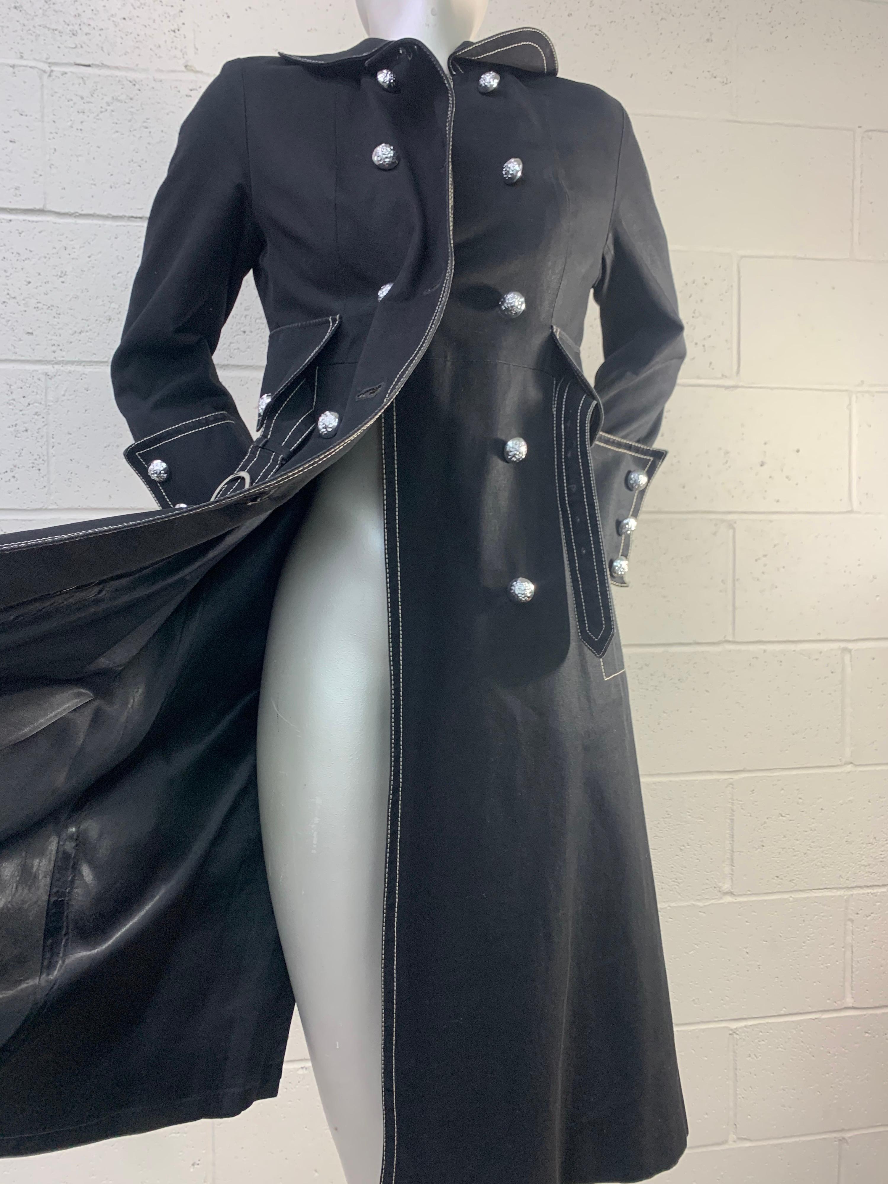 1960 Black Canvas Belted Trenchcoat w/ White Topstitching & Insignia Buttons For Sale 4
