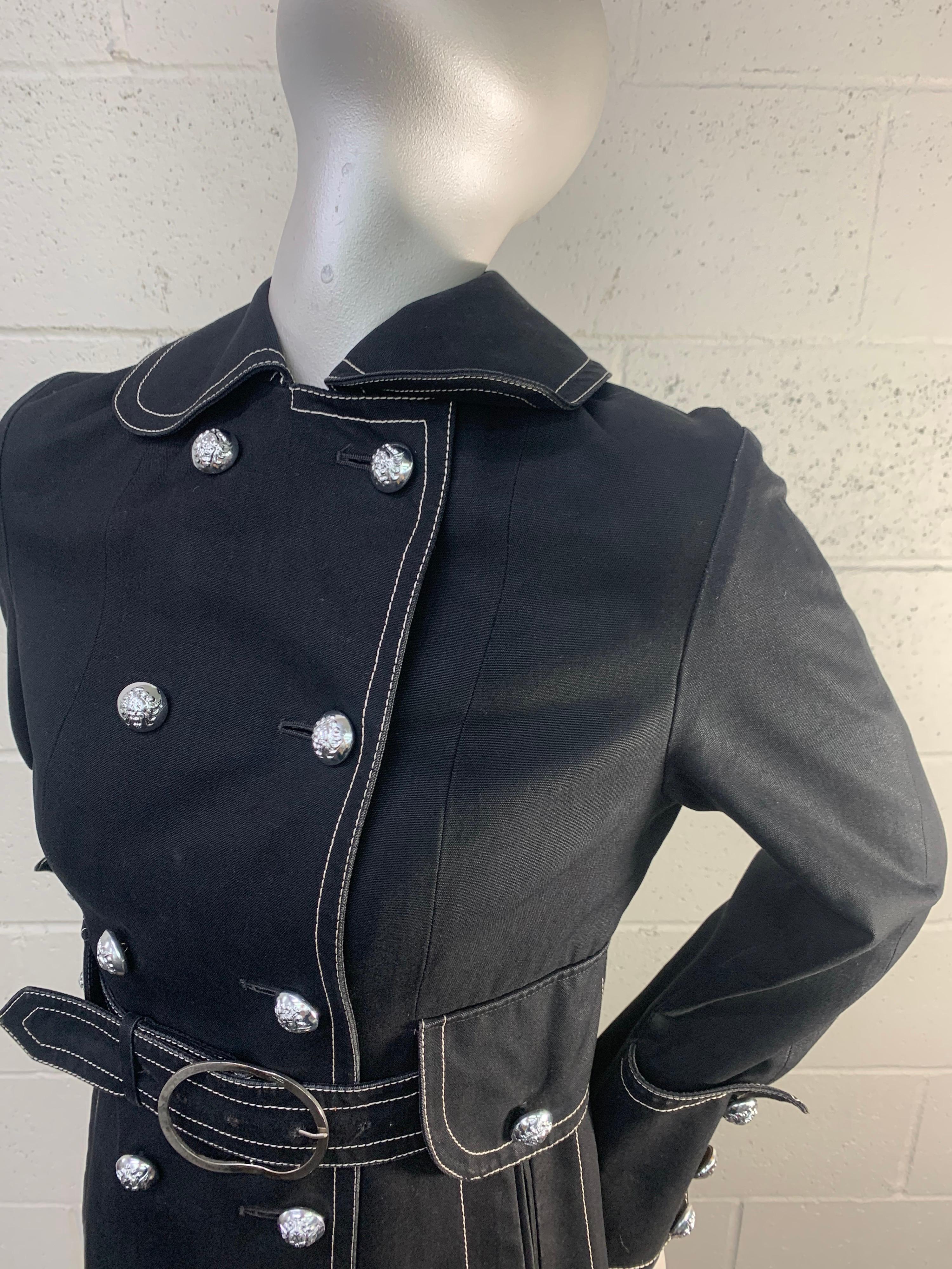 Women's 1960 Black Canvas Belted Trenchcoat w/ White Topstitching & Insignia Buttons For Sale