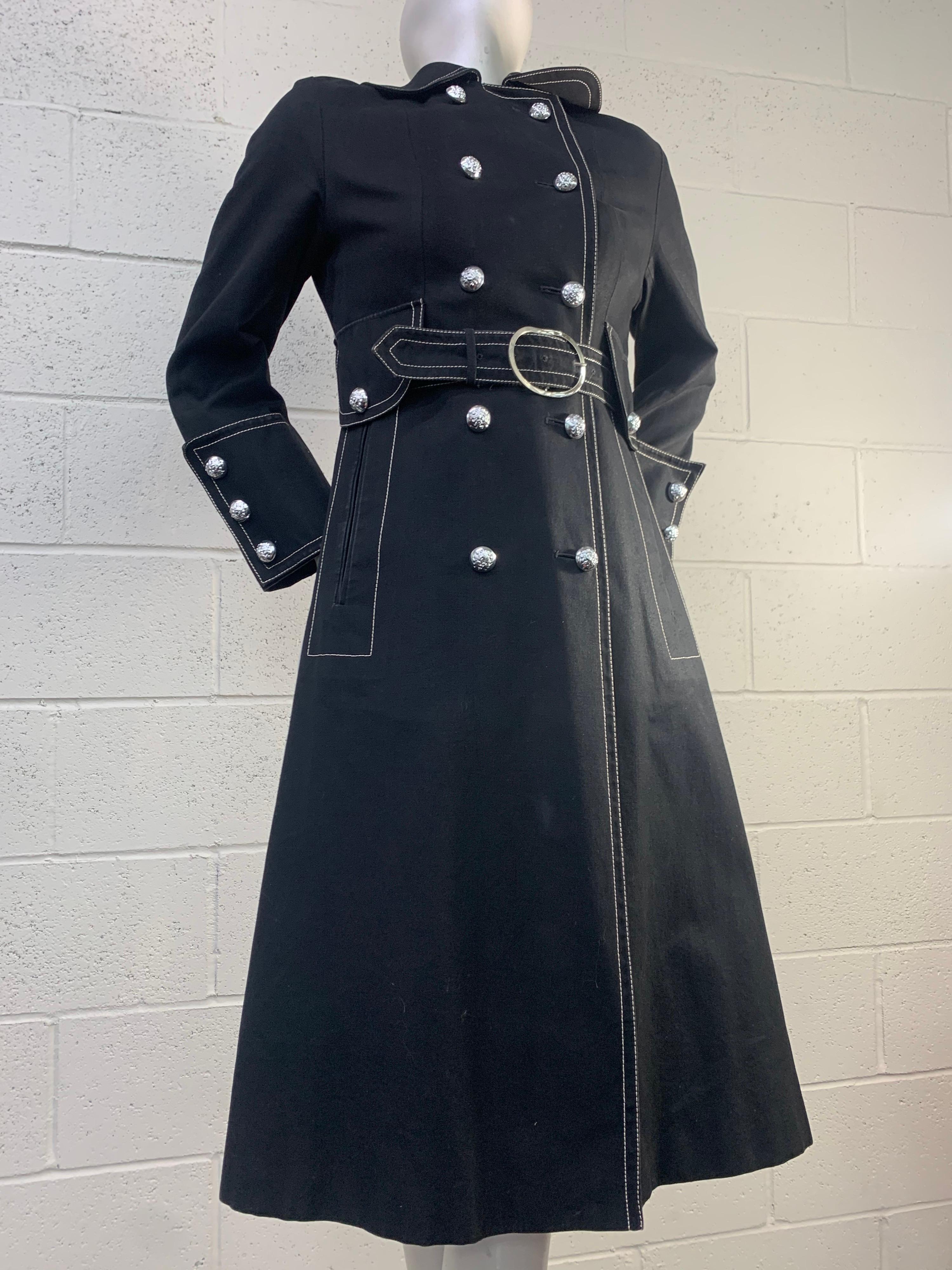 1960 Black Canvas Belted Trenchcoat w/ White Topstitching & Insignia Buttons For Sale 2