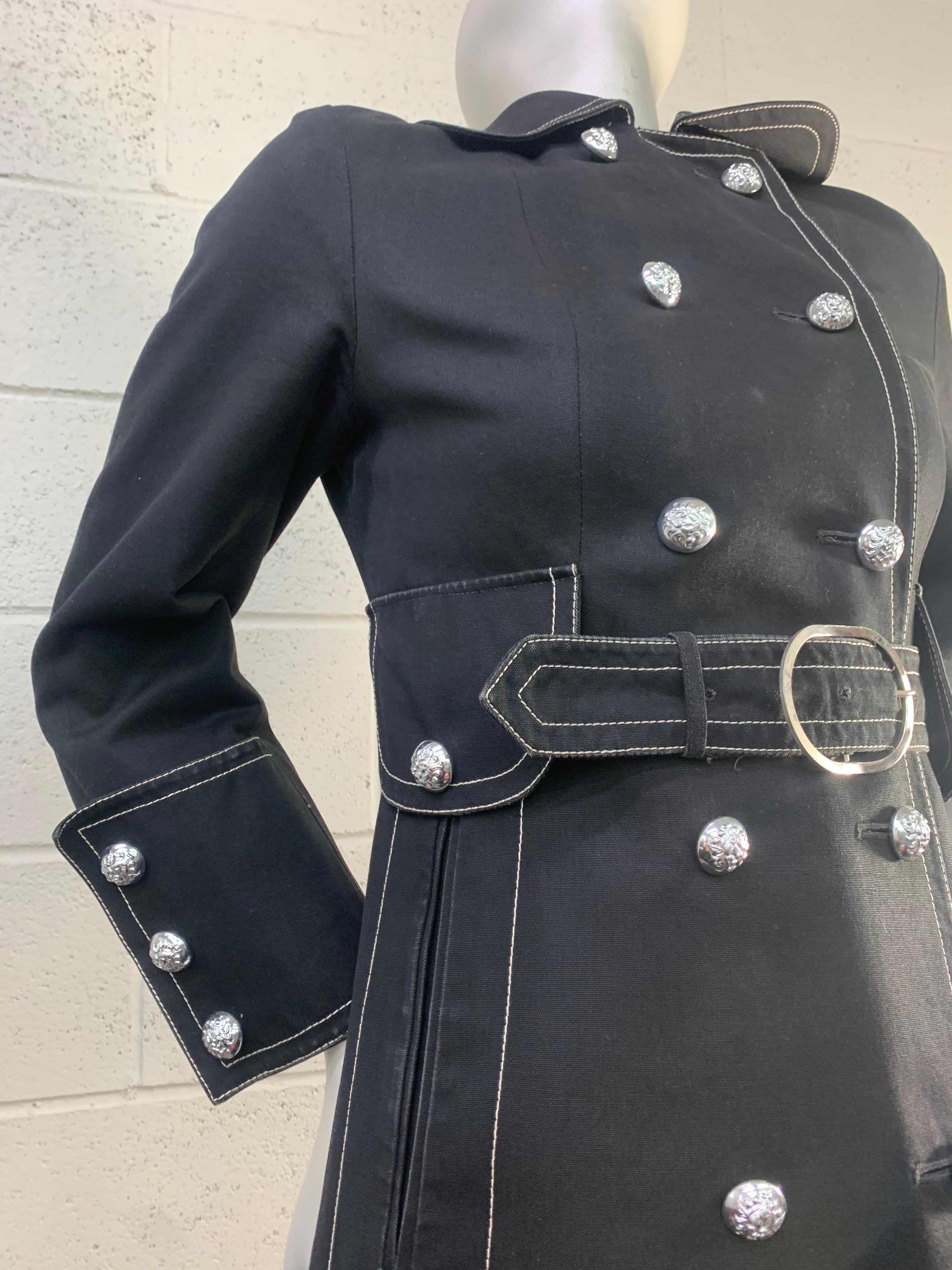 1960 Black Canvas Belted Trenchcoat w/ White Topstitching & Insignia Buttons For Sale 3