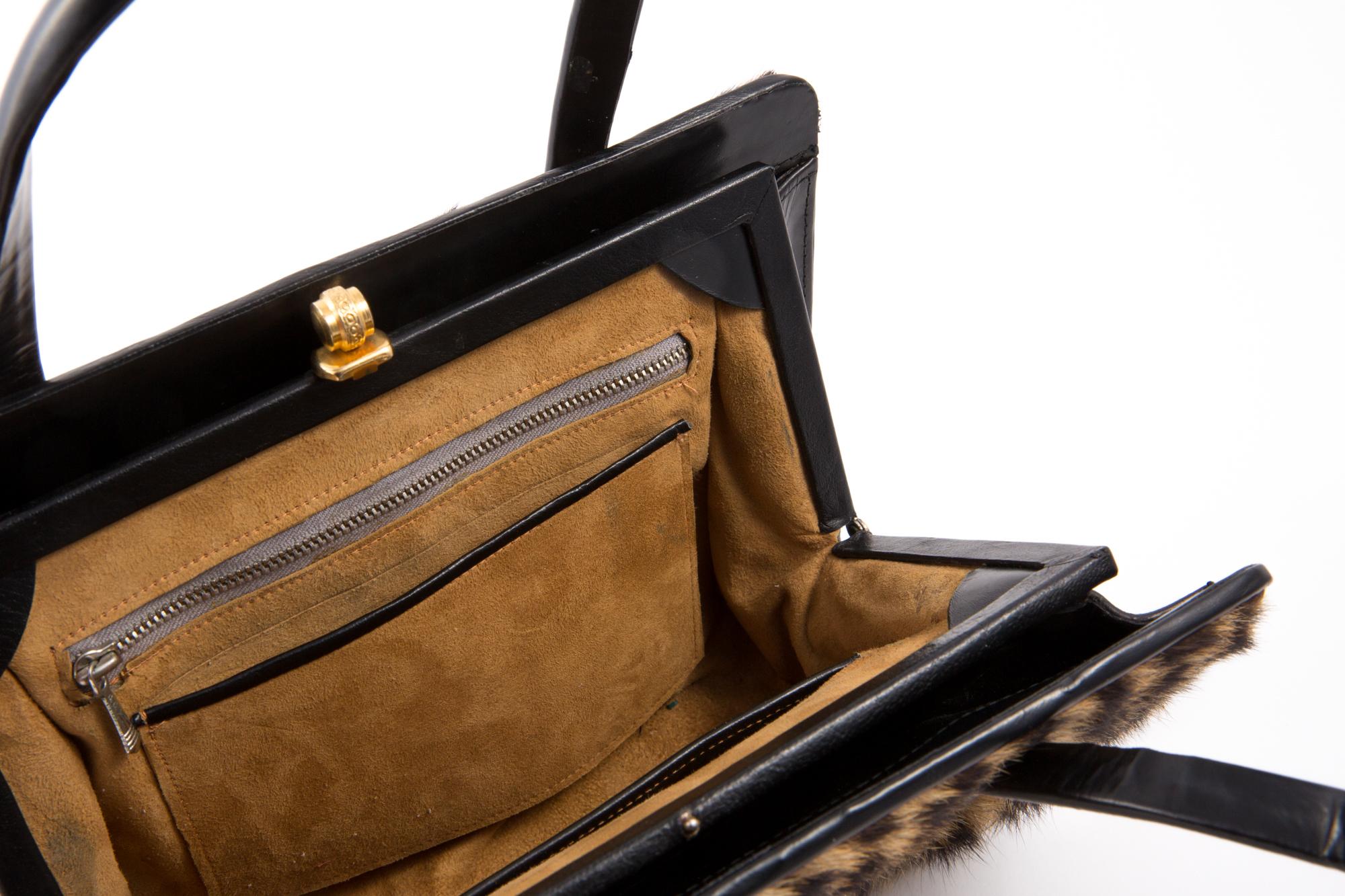 Brown 1960 Black Leather and Print Leopard Handbag Bag 