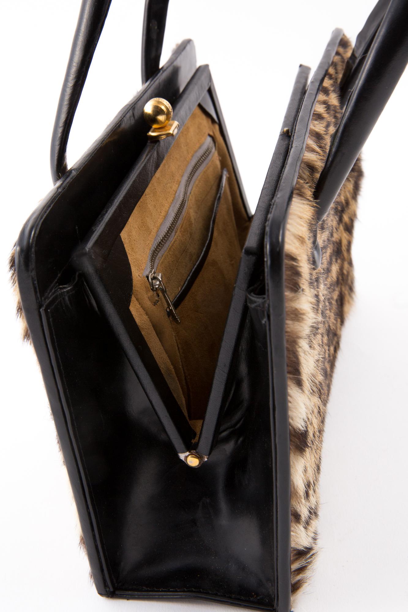 1960 Black Leather and Print Leopard Handbag Bag  In Good Condition In Paris, FR