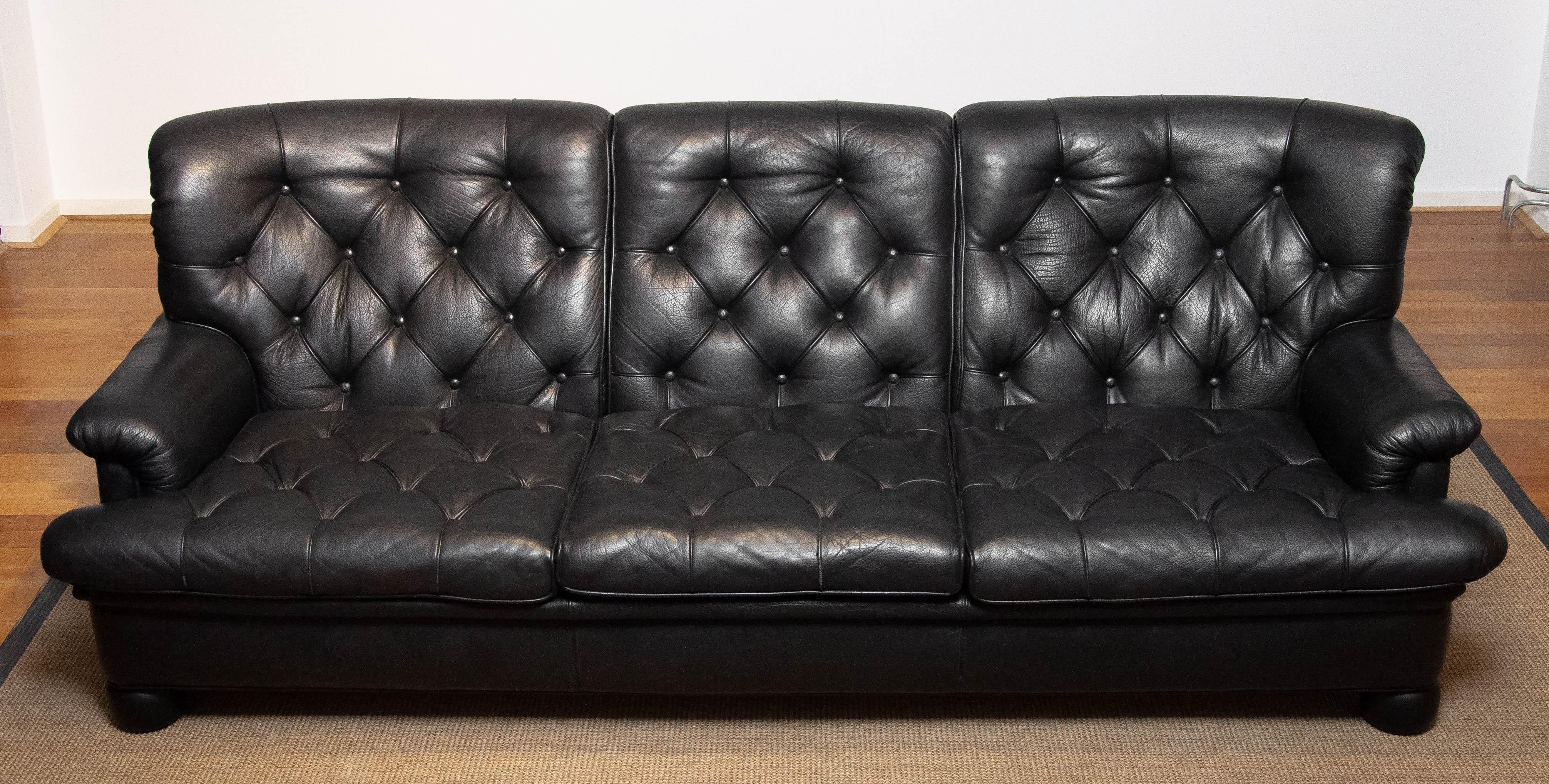 1960 Black Leather Chesterfield Model 'Jupiter' Three Seater Sofa by