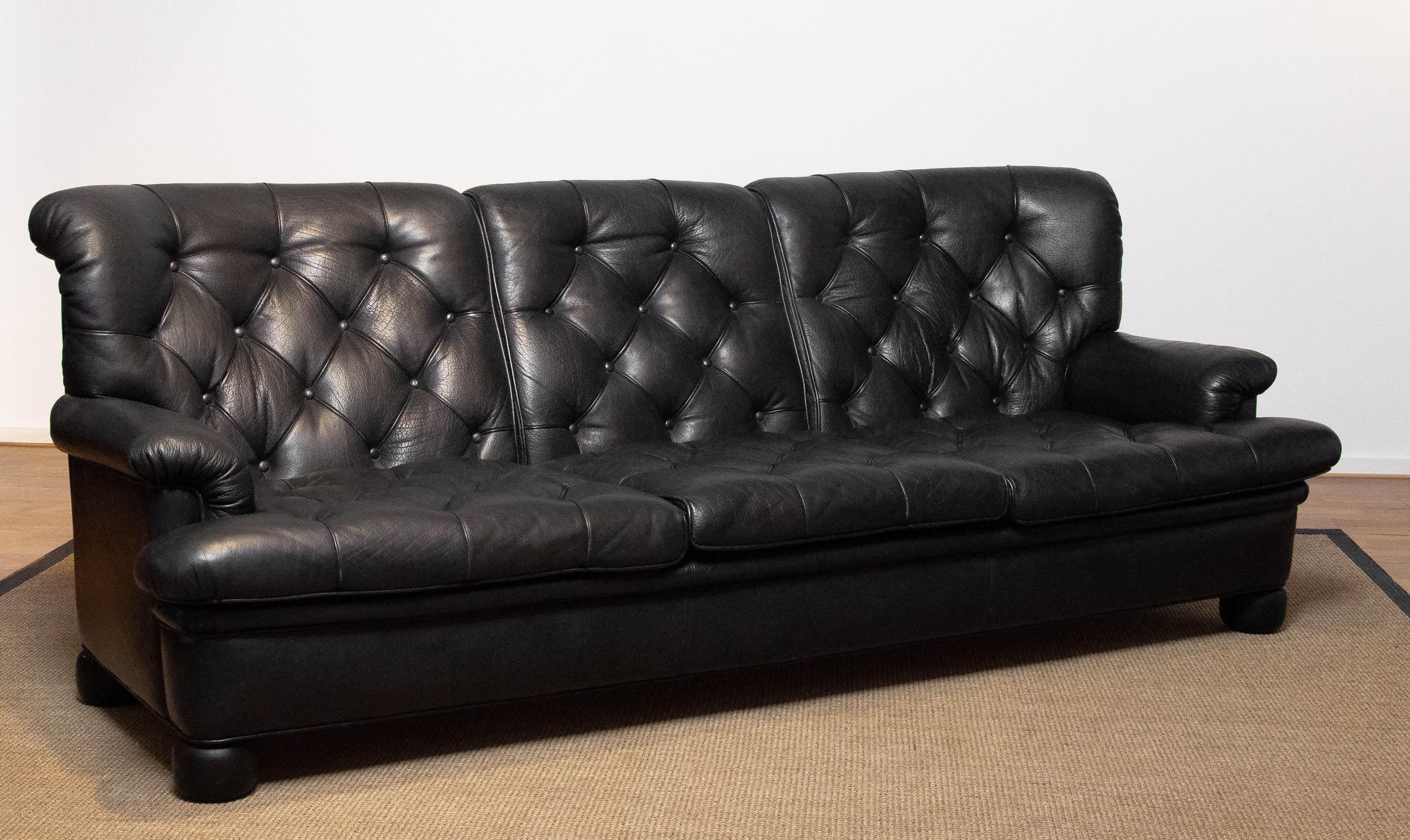 1960 Black Leather Chesterfield Model 'Jupiter' Three Seater Sofa by