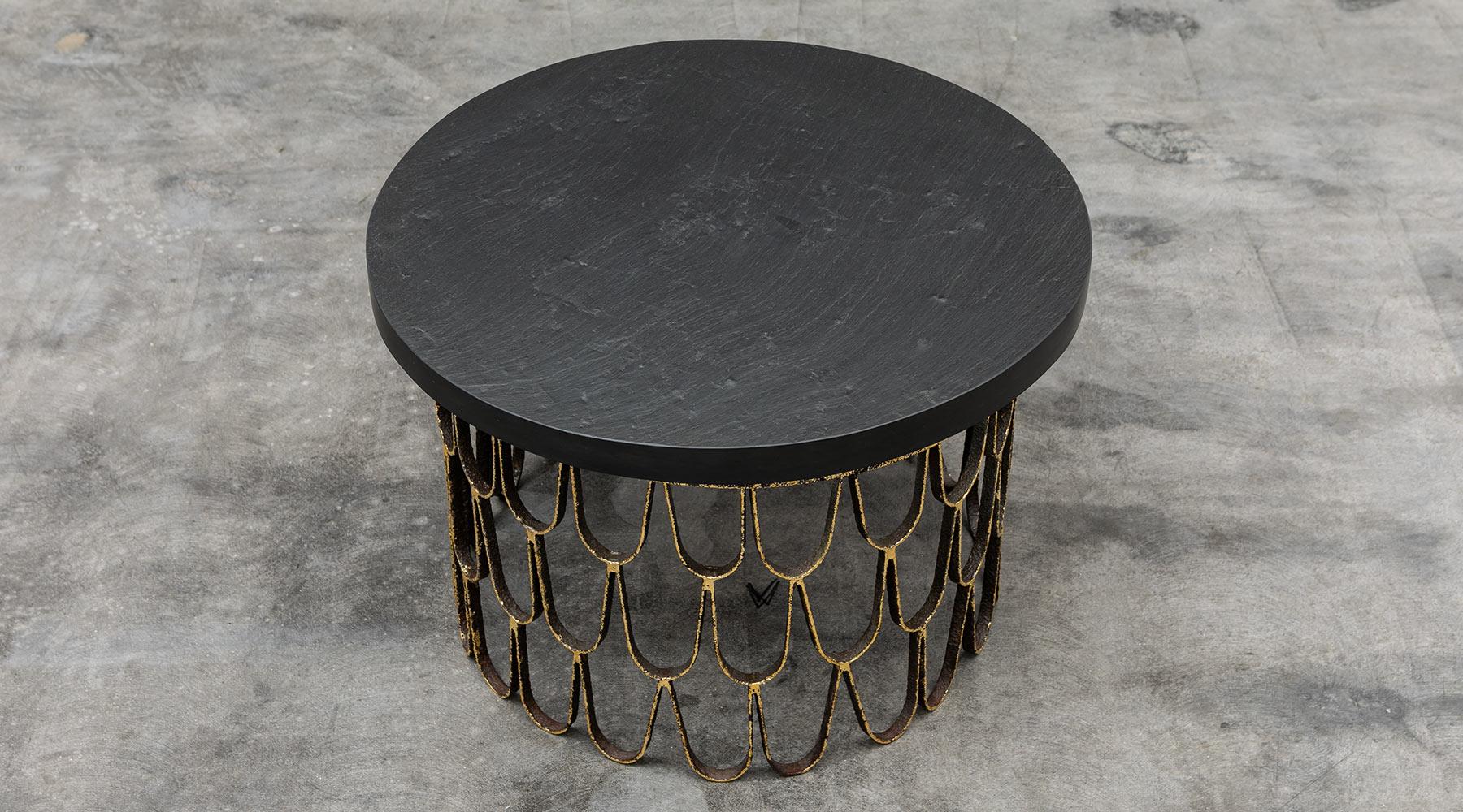 Coffee table, gilt and enameled steel, slate, giltwood, by Paul Evans and Phillip Lloyd Powell, USA, 1960.

A wonderful, unique piece, finished with three different materials: gilded and enameled steel, slate, gilded wood. Manufactured by Paul