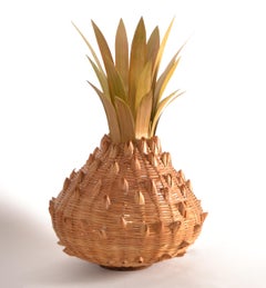 1960 Bohemian Handmade Rattan Cane Wood Pineapple Table Lamp Mid-Century Modern