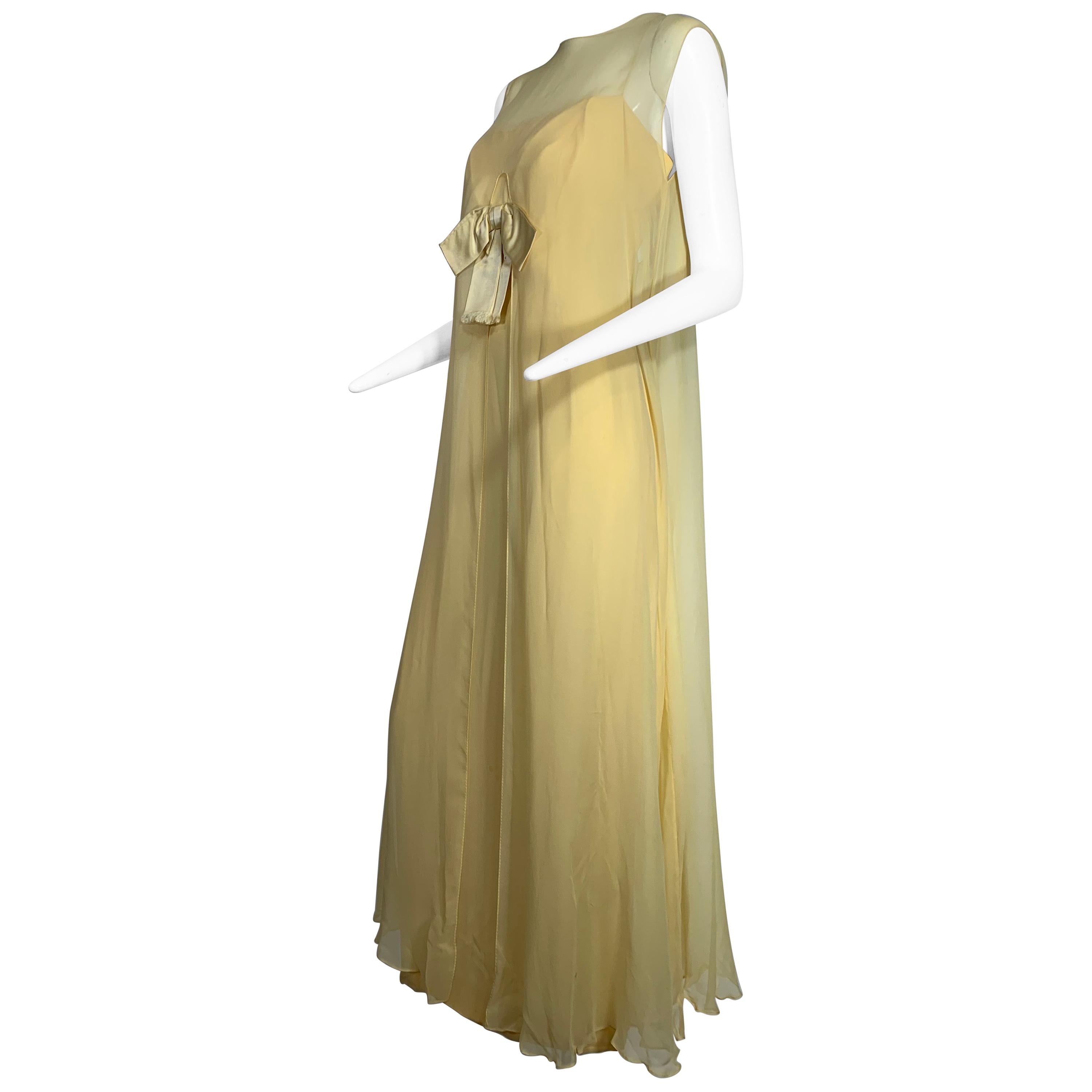 1960 Bonwit Teller Pale Yellow Silk Chiffon Column & Overlay Gown 