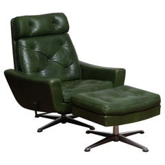 1960 Bottle Green Leather Swivel and Rocking Lounge Chair and Ottoman by Ulferts