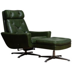1960 Bottle Green Leather Swivel and Rocking Lounge Chair and Ottoman by Ulferts