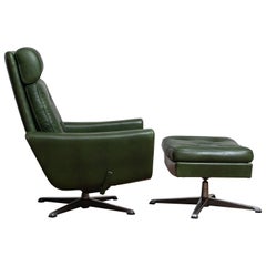 1960 Bottle Green Leather Swivel and Rocking Lounge Chair and Ottoman by Ulferts