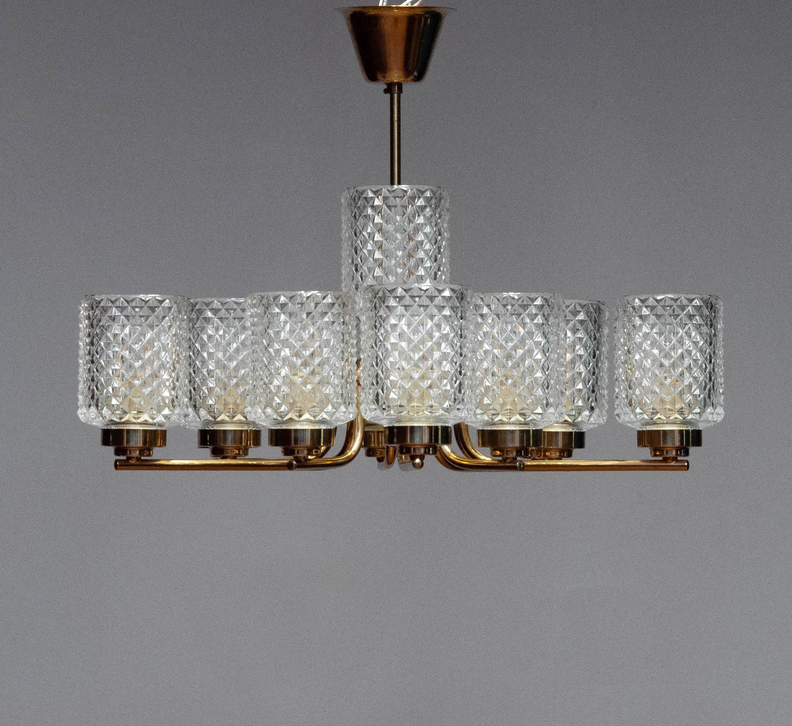 1960 Brass and Glass Chandelier or Pendant by Carl Fagerlund for Orrefors Sweden 4