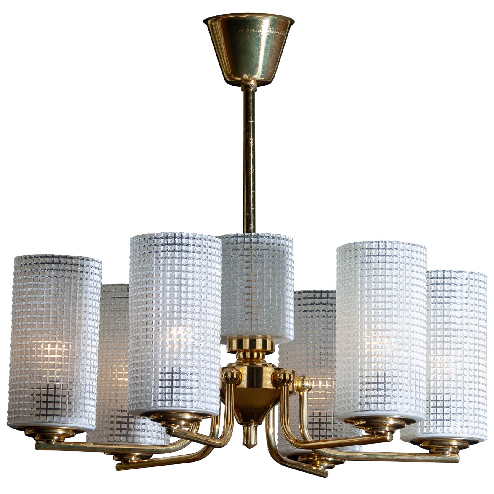 Mid-Century Modern 1960 Brass and Glass Chandelier or Pendant by Carl Fagerlund for Orrefors Sweden