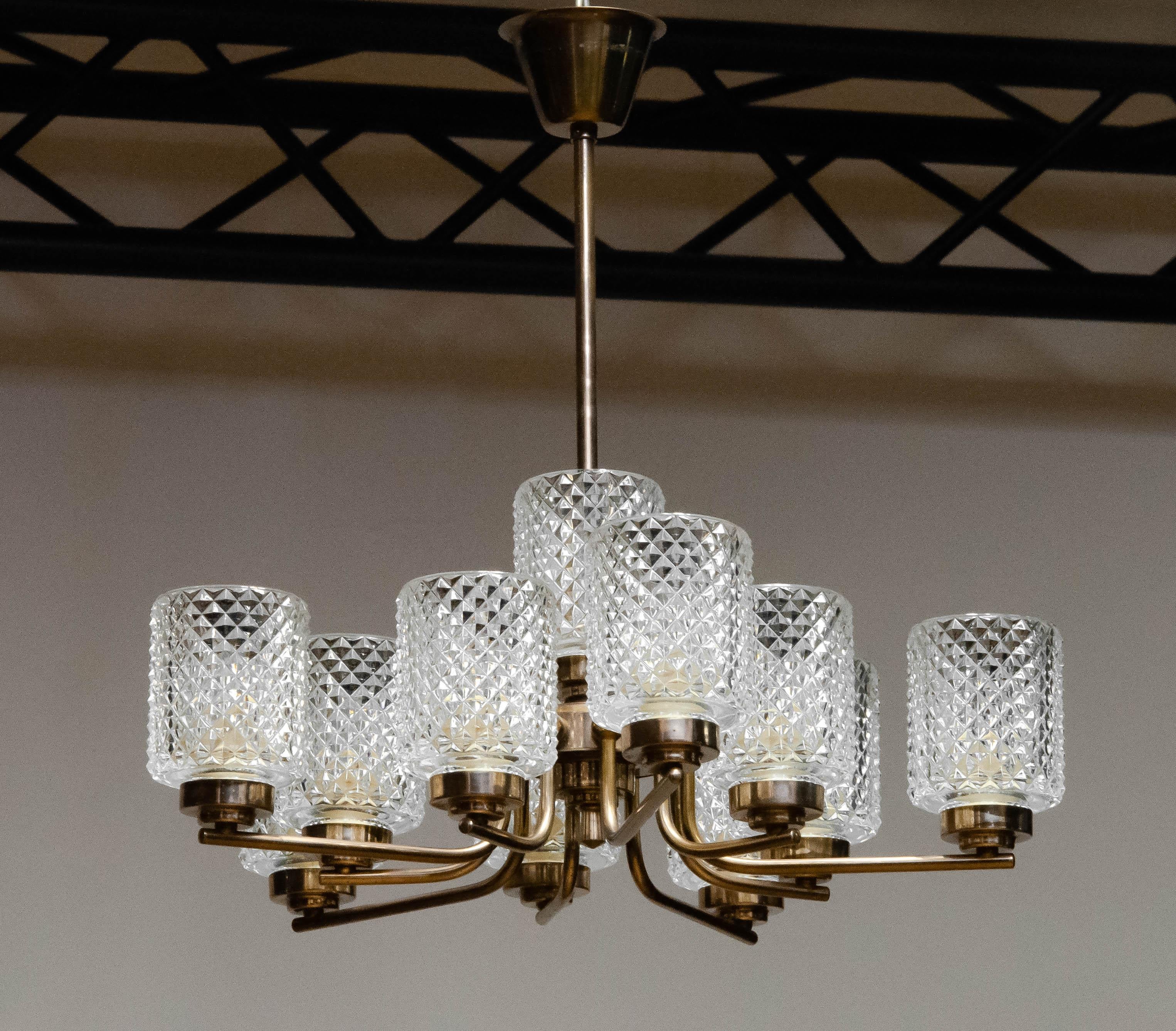 Brass and Glass Chandelier or Pendant by Carl Fagerlund for Orrefors Sweden 1960 In Good Condition For Sale In Silvolde, Gelderland