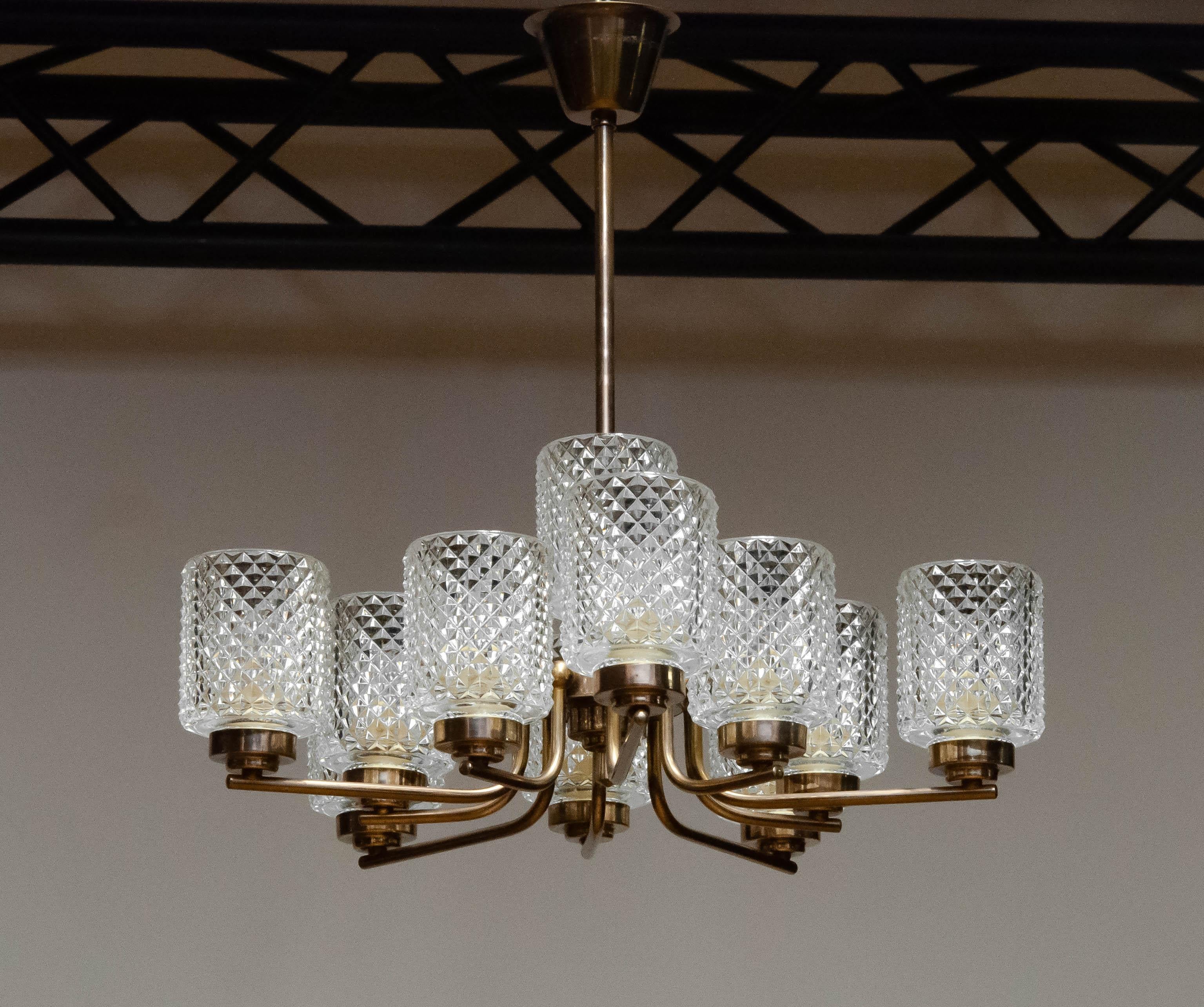 Brass and Glass Chandelier or Pendant by Carl Fagerlund for Orrefors Sweden 1960 For Sale 1