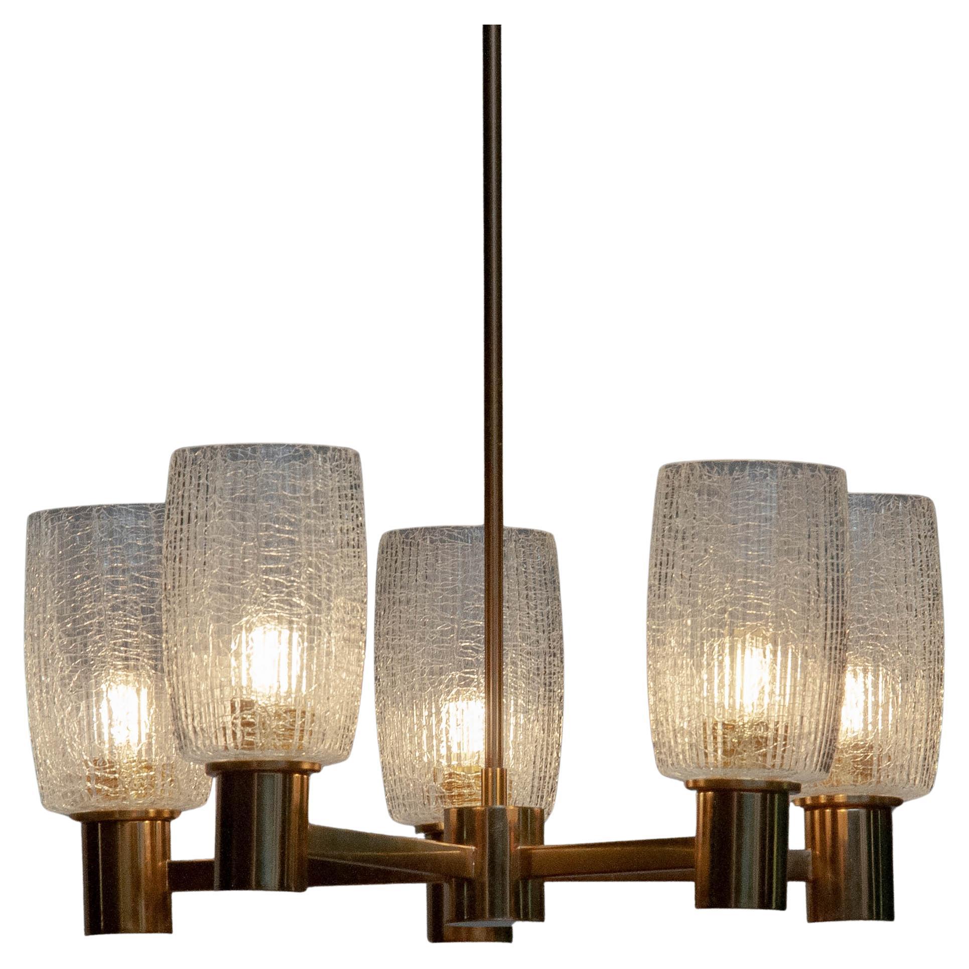 1960 Brass Chandelier With Five Large Clear Crackled Glass Vases By Doria