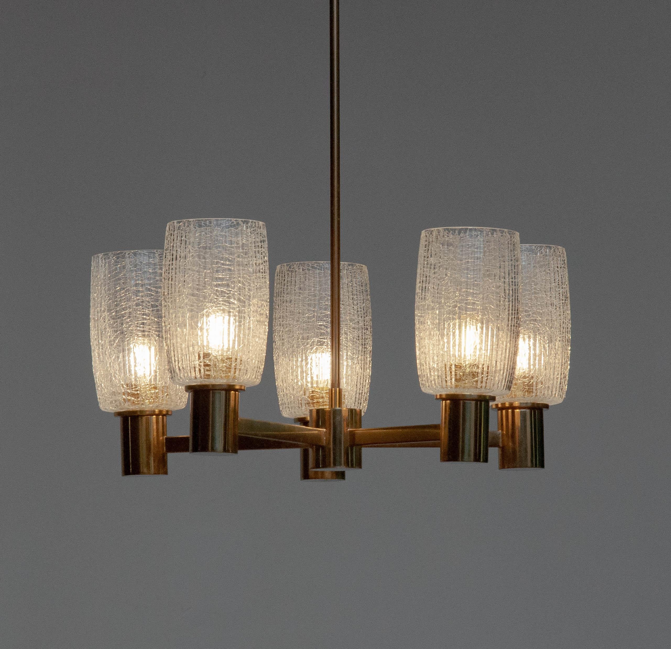 Mid-Century Modern 1960 Brass Chandelier With Five Large Clear Crackled Glass Vases By Doria For Sale